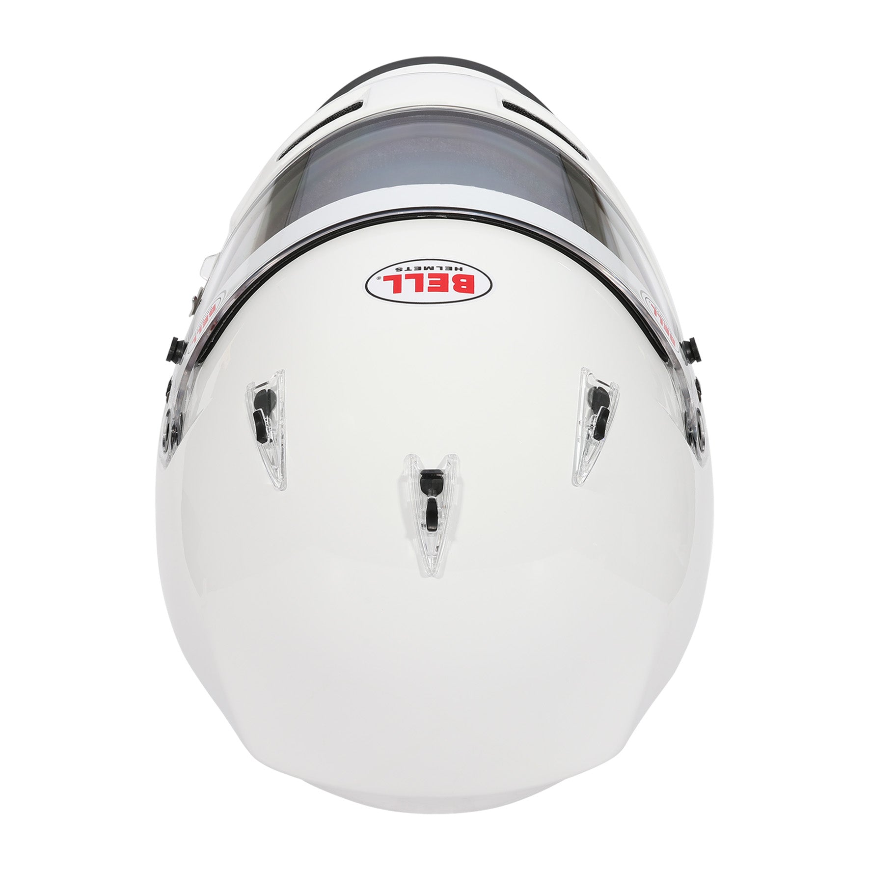 Bell XR7 Pro SA2025 racing helmet top view — adjustable upper air intake vents and carbon fiberglass composite shell construction in white