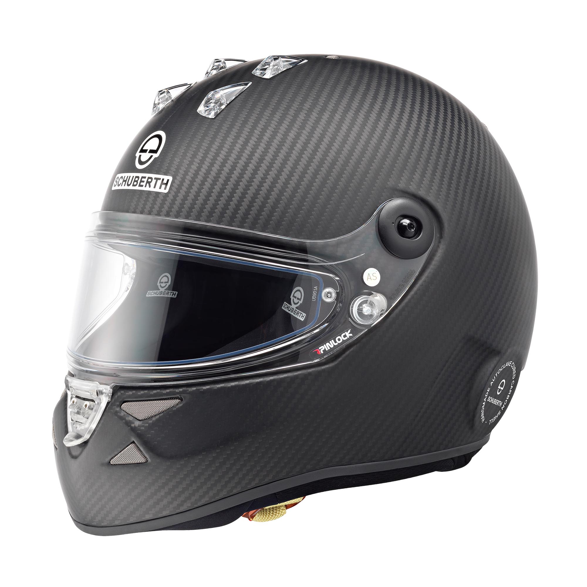 Schuberth SK1 Carbon youth karting helmet in matte carbon finish, featuring hand-laid autoclave-cured carbon shell, top air scoops, and Pinlock 120 visor system.