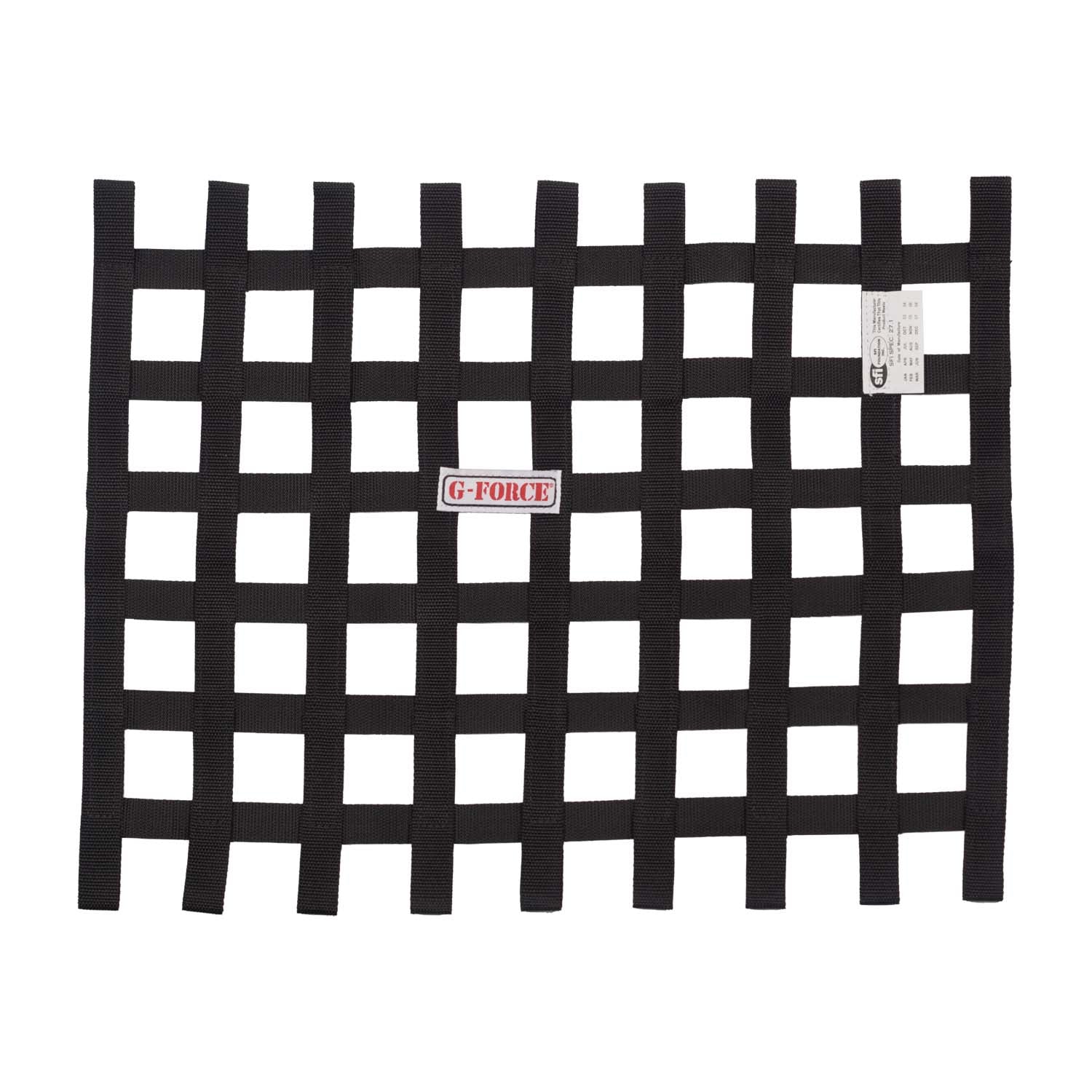 G-Force SFI 27.1 Ribbon Window Net in black, featuring 1-inch webbing in a 2-inch open block pattern with sewn loop ends.