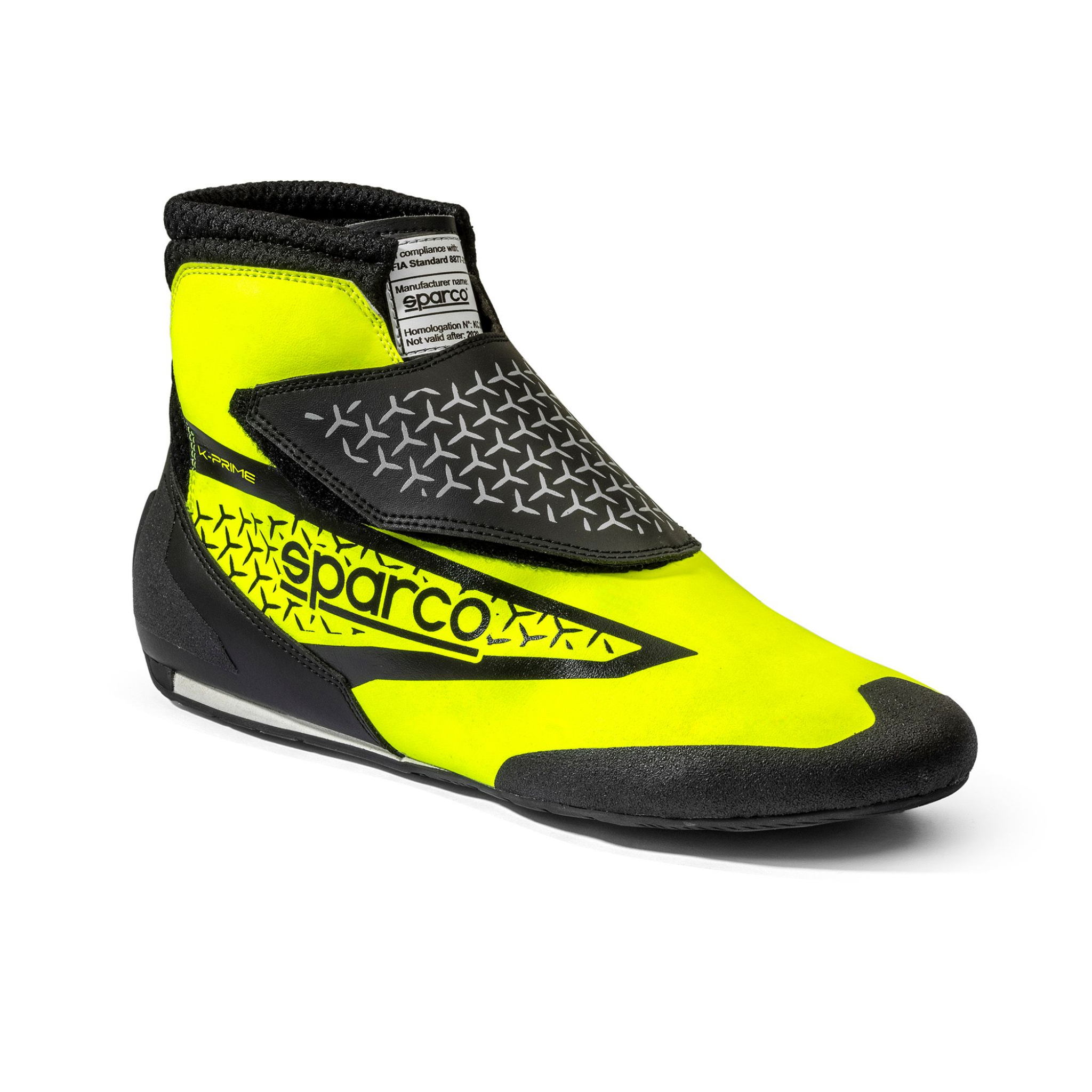 Sparco K-Prime FIA-approved karting shoe in yellow and black with full Velcro closure and lightweight rubber sole