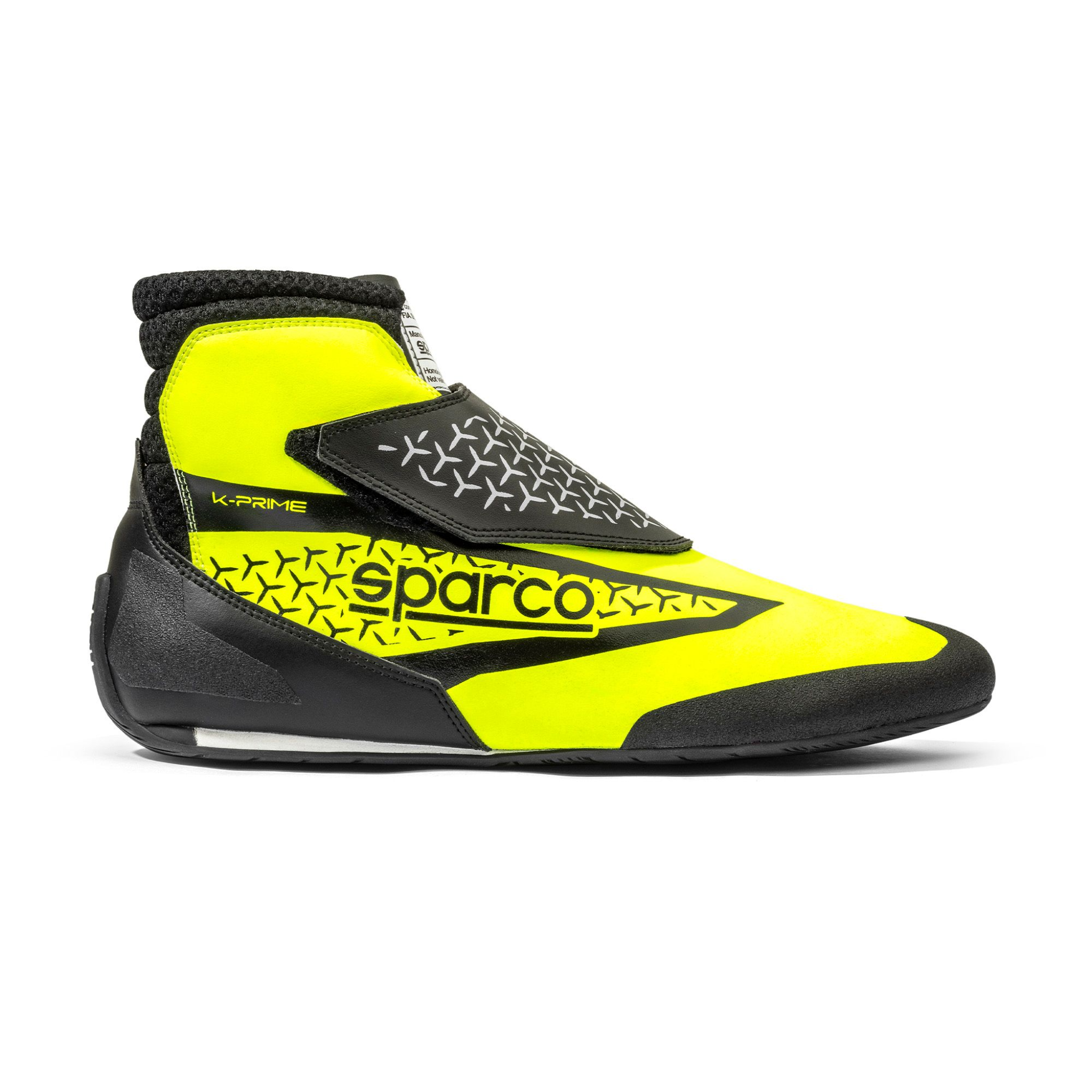 Sparco K-Prime karting shoe outside profile view showing soft leather upper, Velcro strap, and rubber outsole