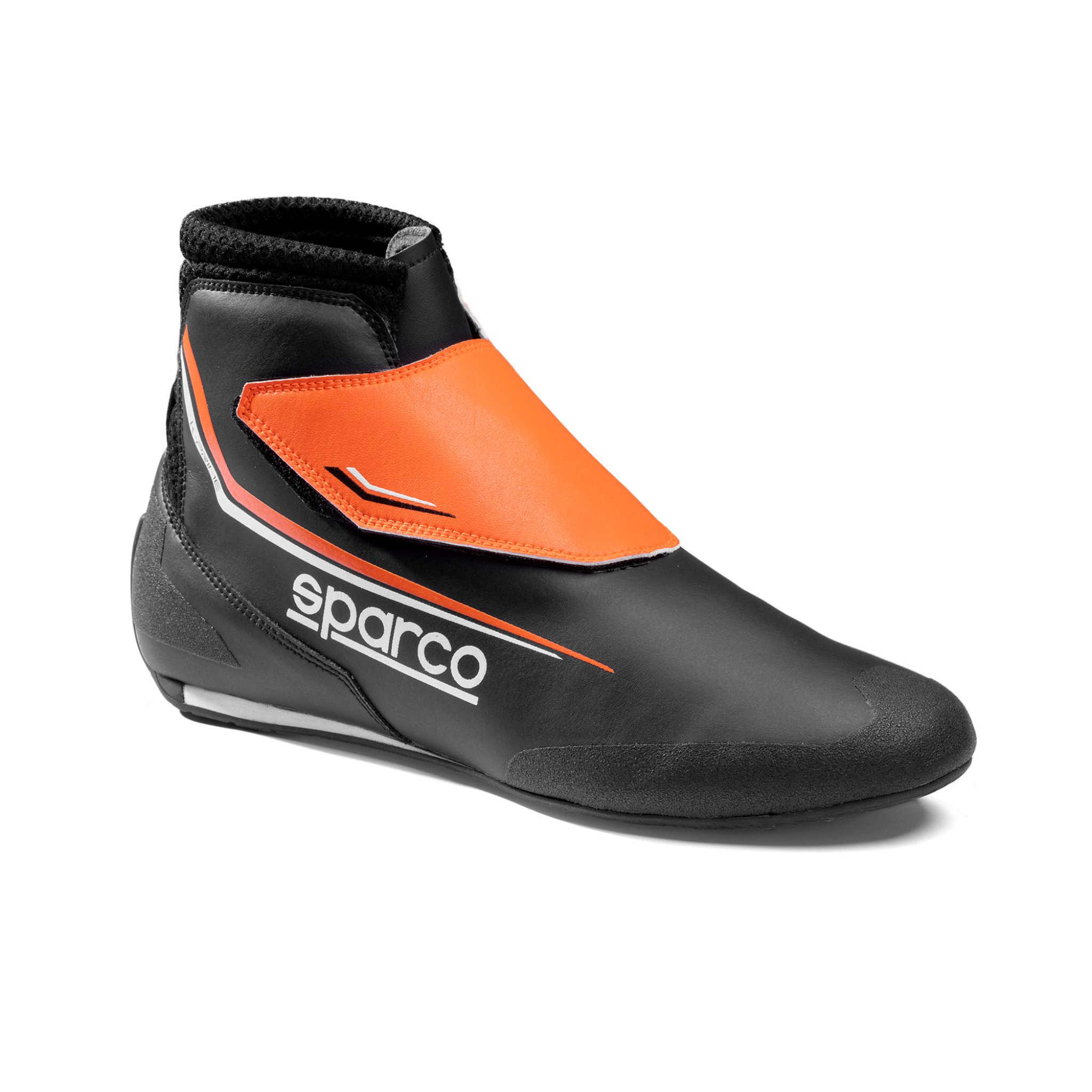Sparco K-Prime FIA-approved karting shoe in black and orange with full Velcro closure and lightweight rubber sole