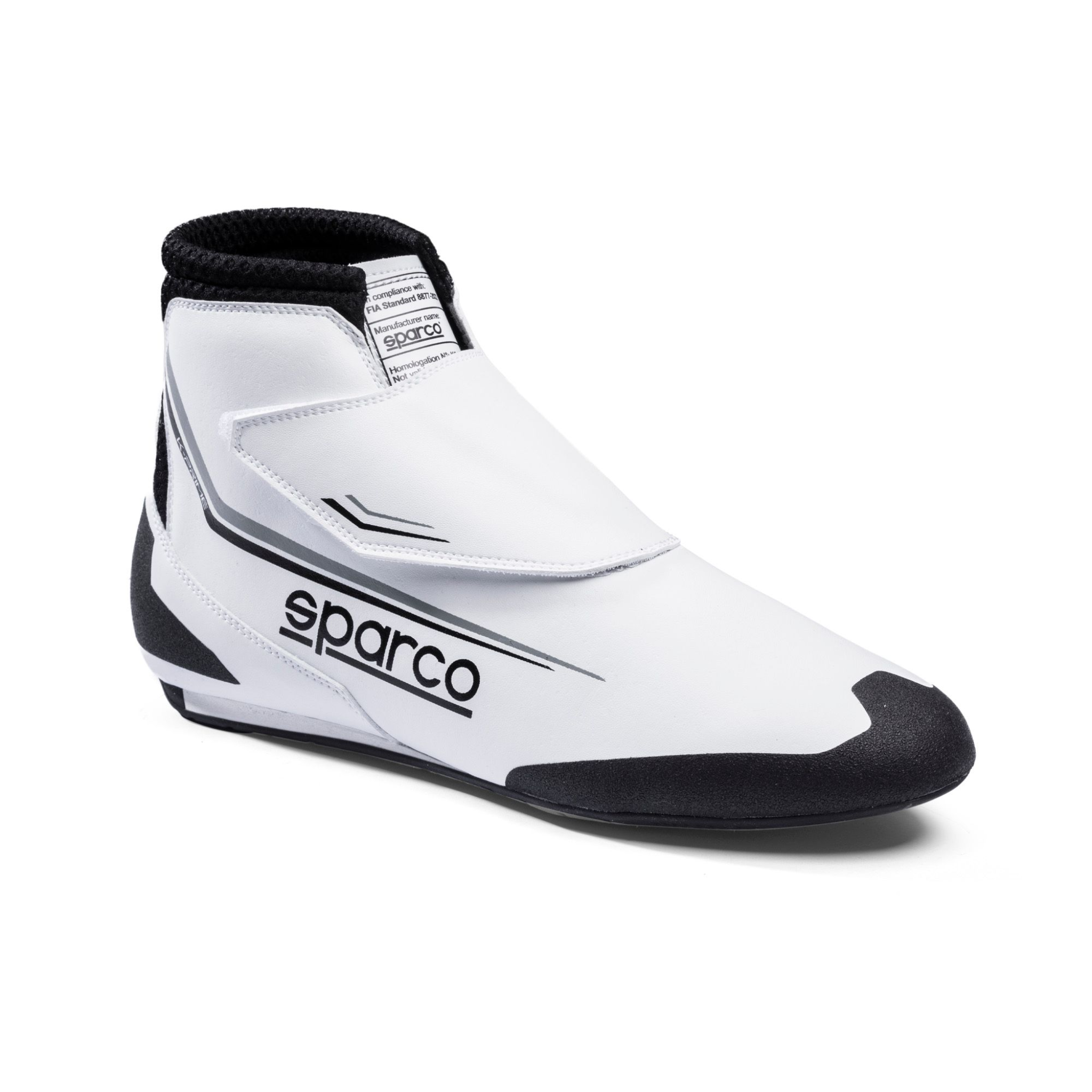 Sparco K-Prime FIA-approved karting shoe in white and black with full Velcro closure and lightweight rubber sole