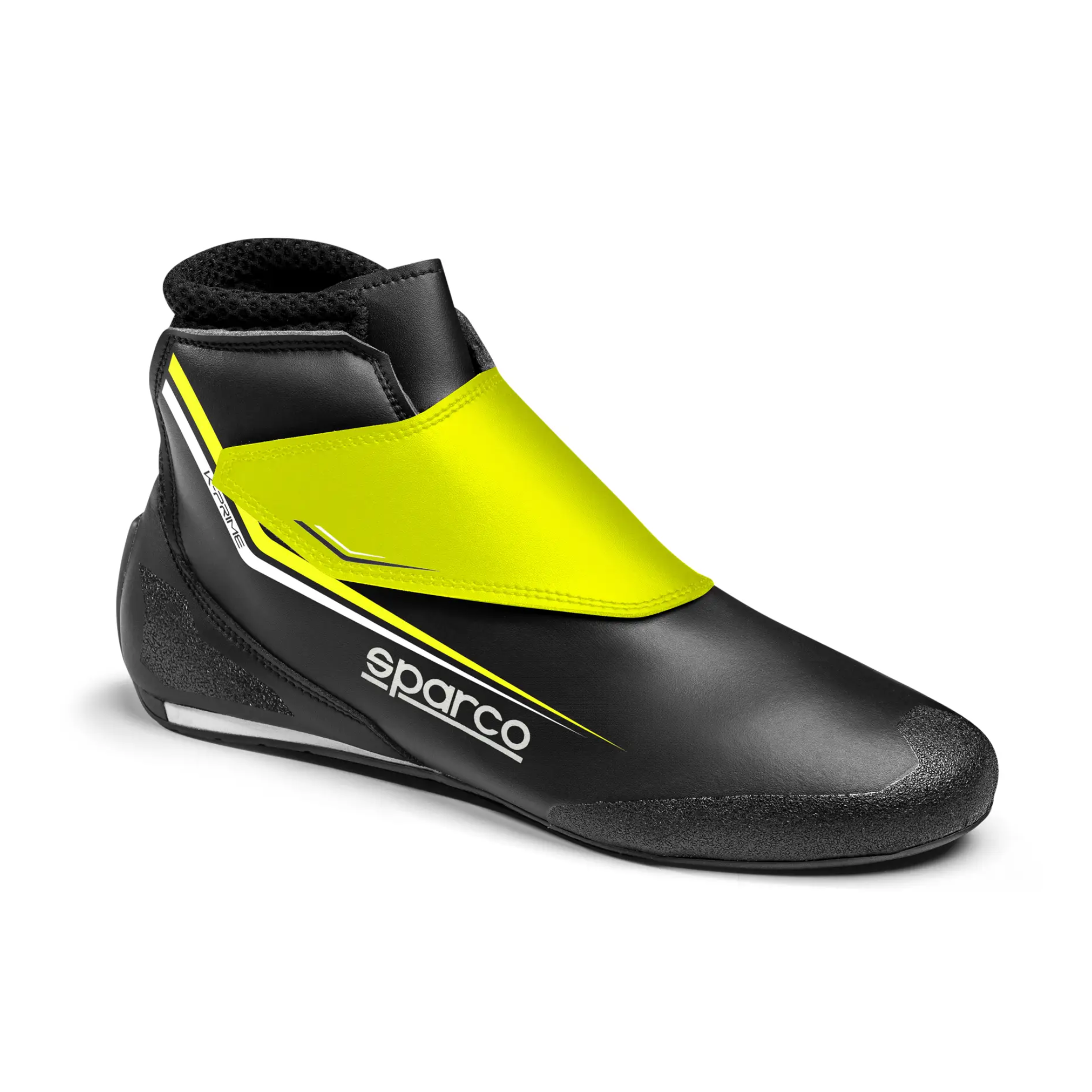 Sparco K-Prime FIA-approved karting shoe in black and yellow with full Velcro closure and lightweight rubber sole