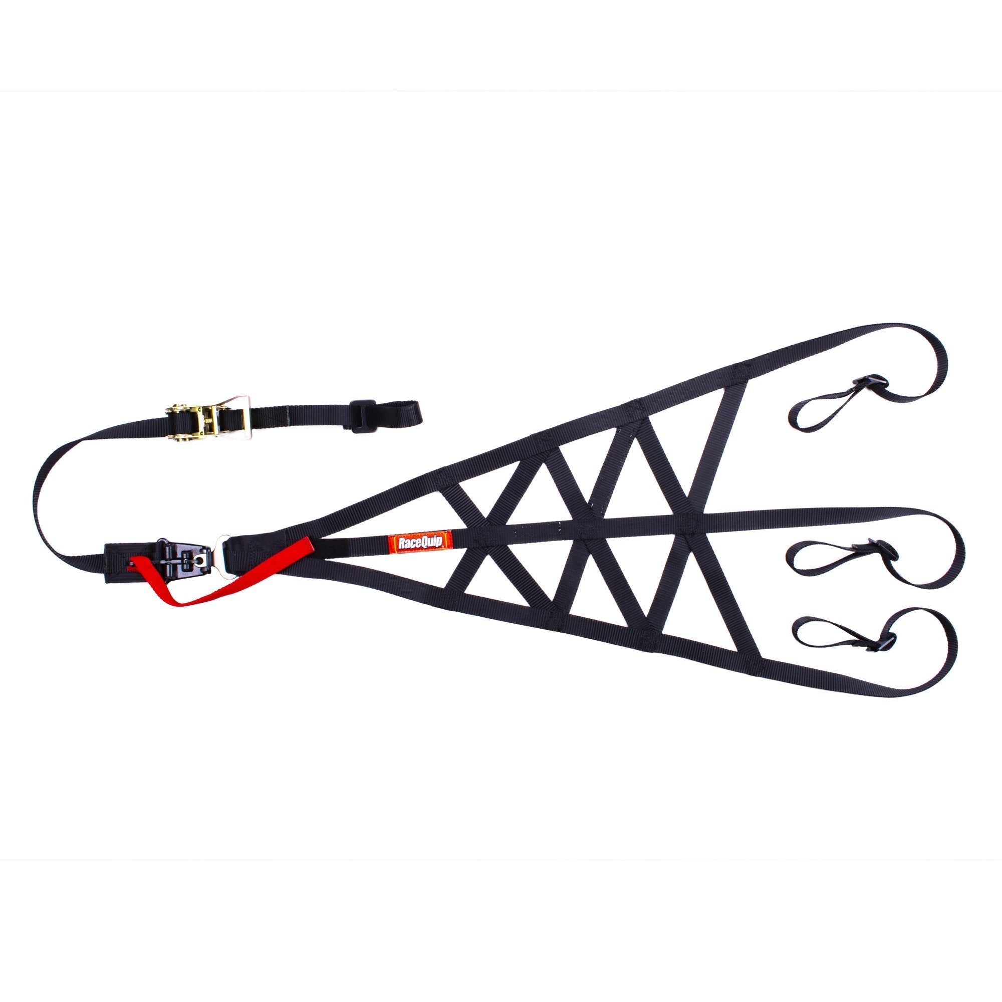 RaceQuip Driver Side Quick Release Safety Net in Black, showing the heavy-duty 1-inch polypropylene webbing, ratcheting mount strap, and quick release latch & link buckle.
