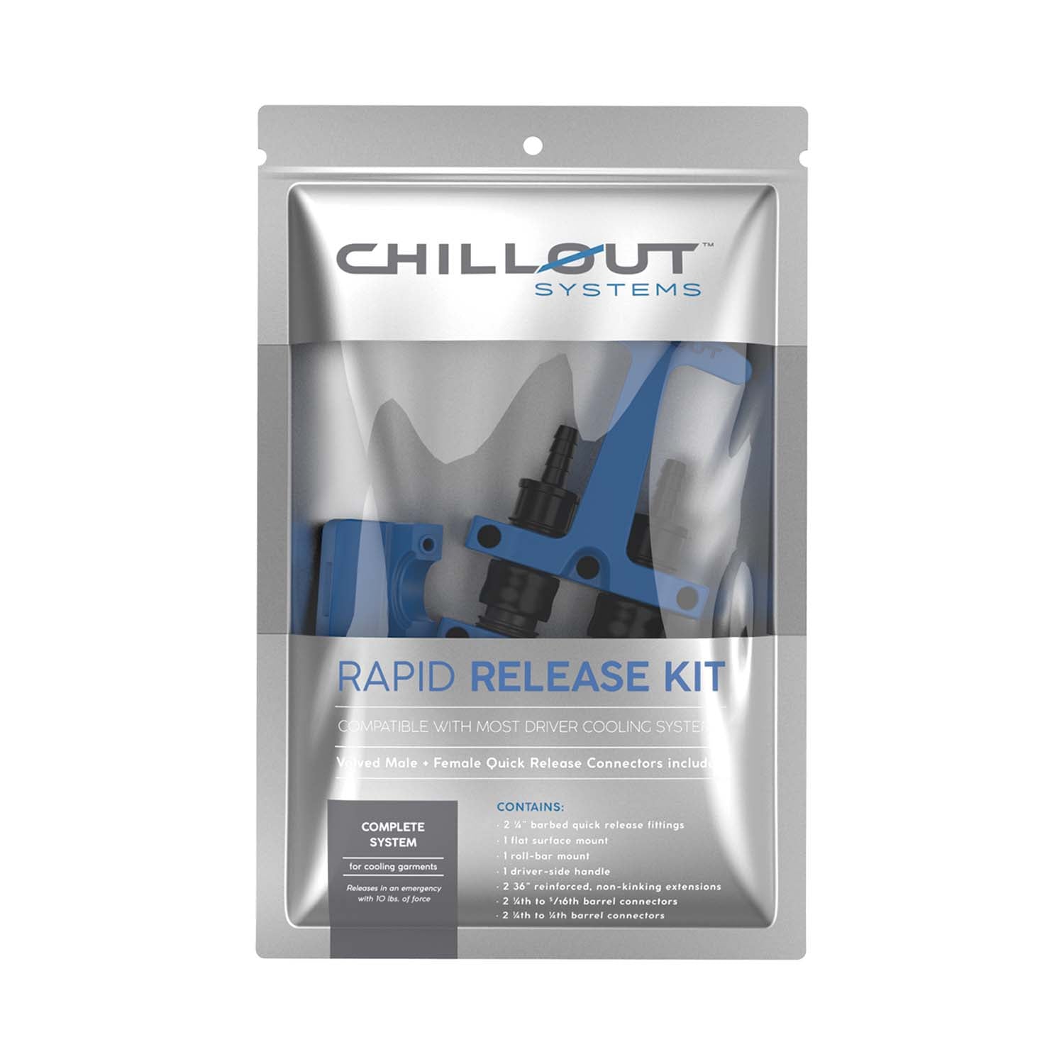 Chillout Systems Hose Rapid Release Kit product packaging, showing complete kit contents including mounts, driver-side handle, extension hoses, and fittings.