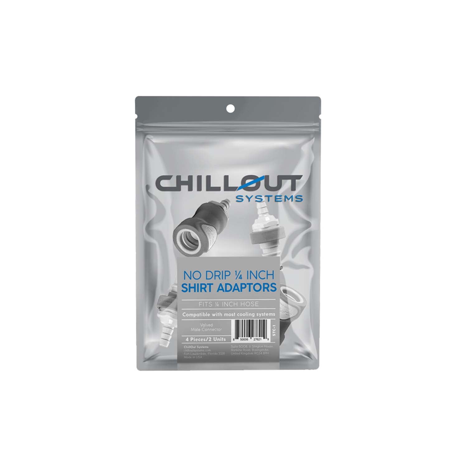 Chillout Systems No-Drip Hose Connectors showing 1/4-inch quick-disconnect shirt adapters with drip-free valve mechanism for driver cooling system connections.