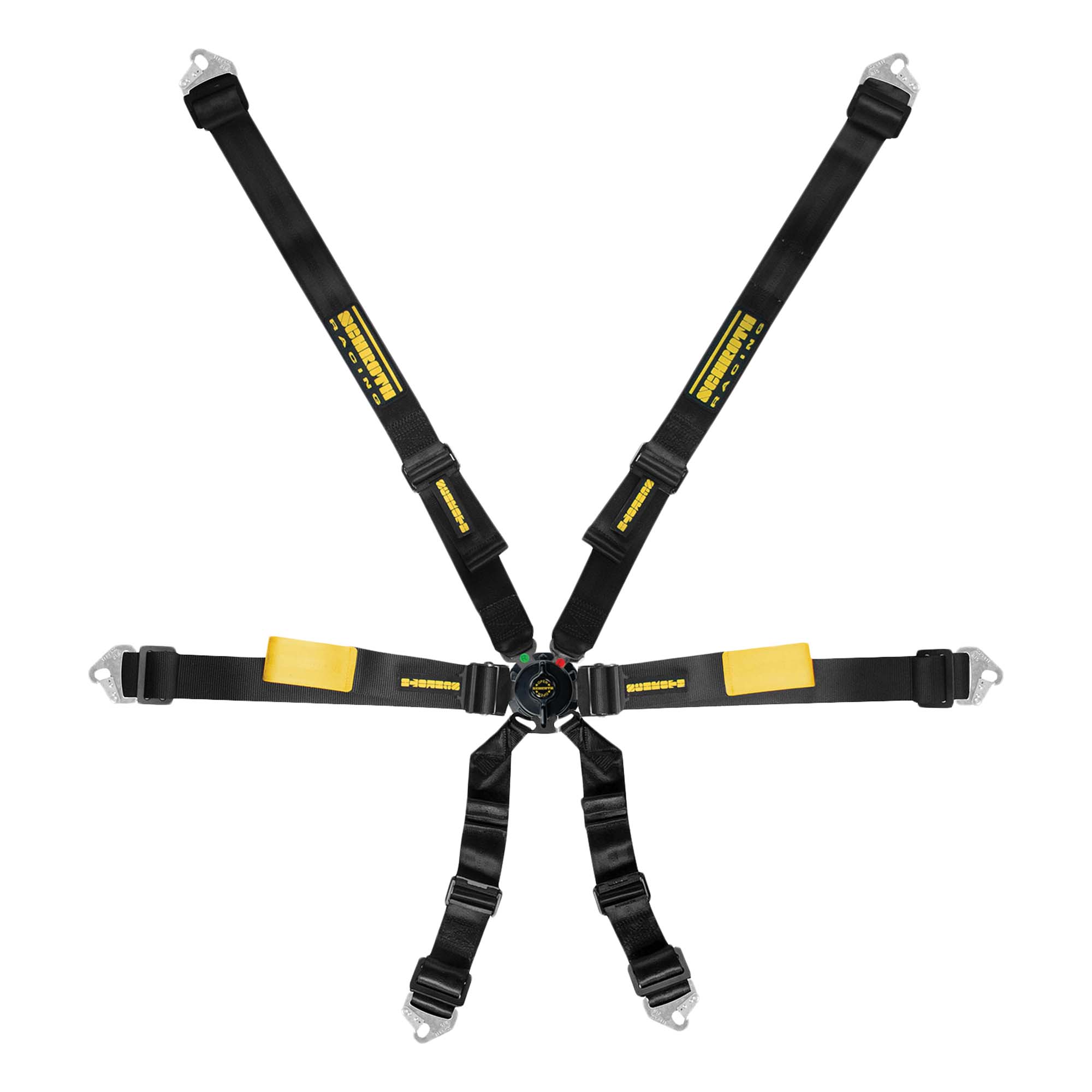 Schroth Enduro 2x2 FIA 8853‑2016 6‑point racing harness with 2″ shoulder and 2″ lap belts in black.