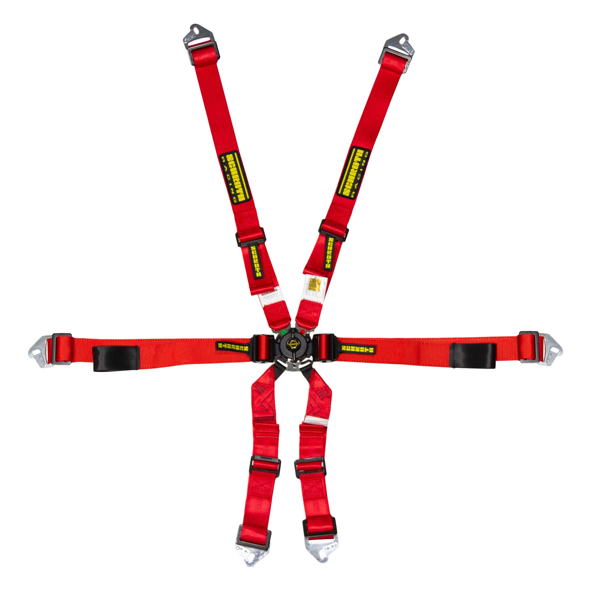 Schroth Enduro 2x2 FIA 8853‑2016 6‑point racing harness with 2″ shoulder and 2″ lap belts in red.