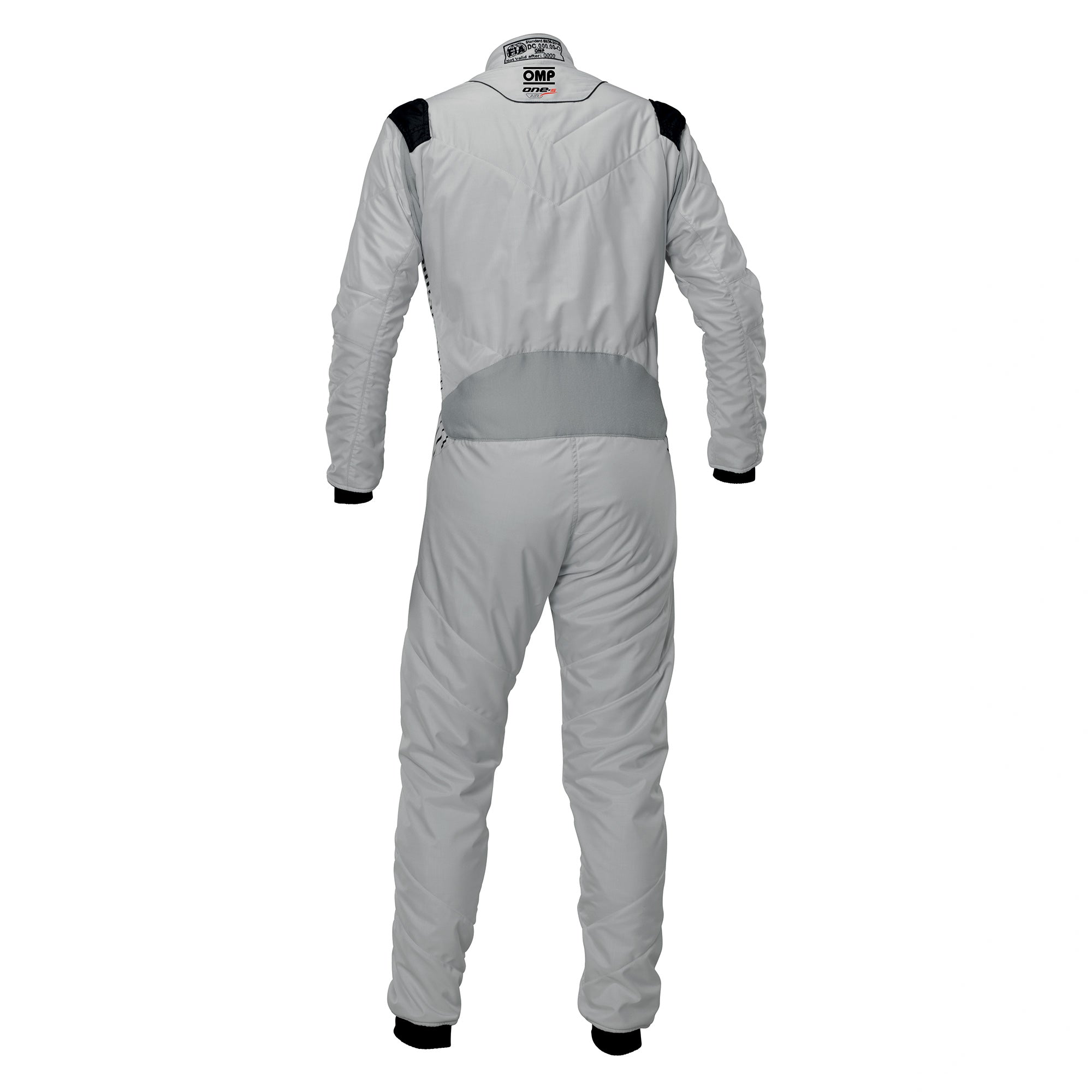 Rear view of the OMP One-S Air racing suit in silver and black, showing stretch back panel and contrast stitching detail