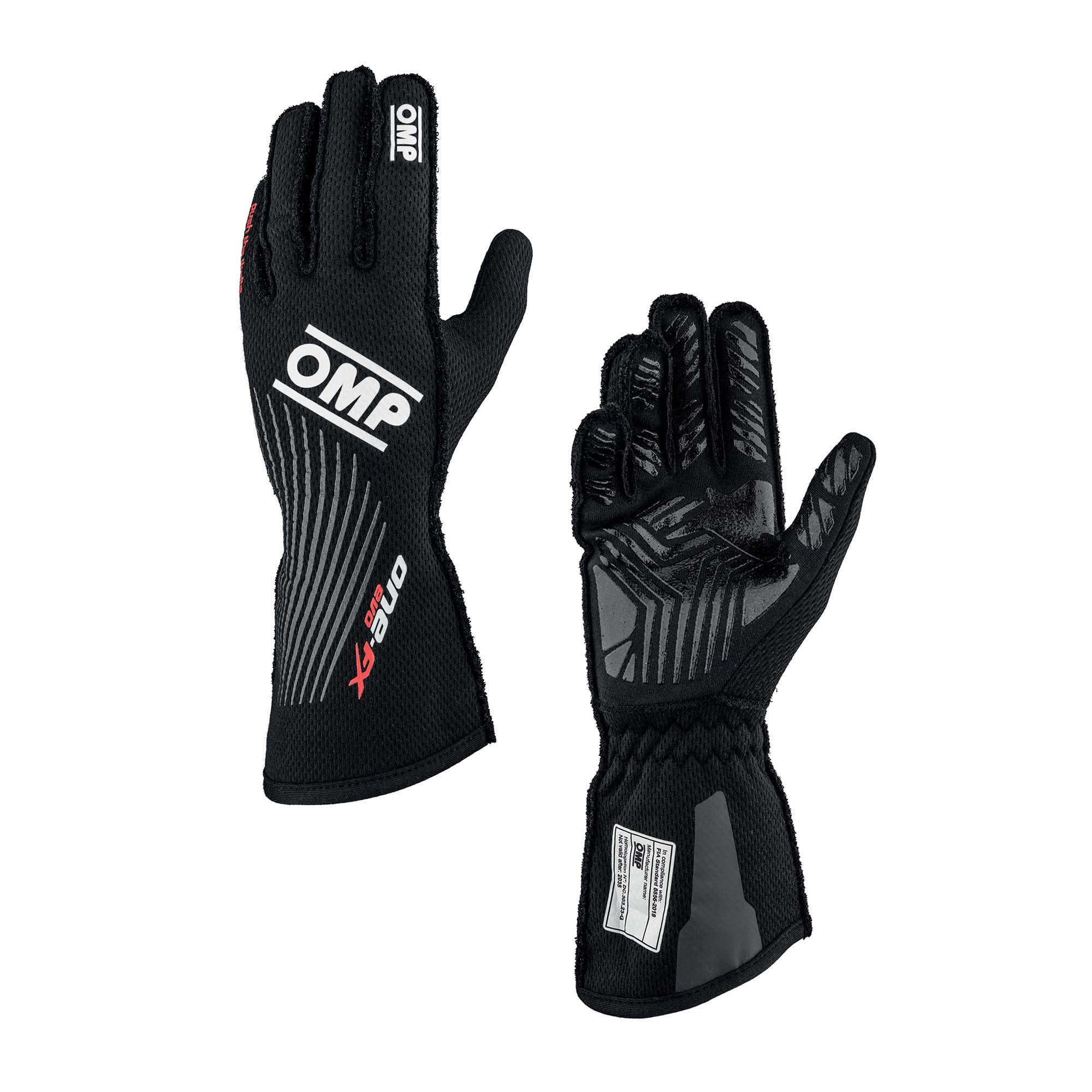 OMP One EVO FX v2 fire-resistant racing gloves in black with silicone palm grip zones, FIA 8856-2018 homologated
