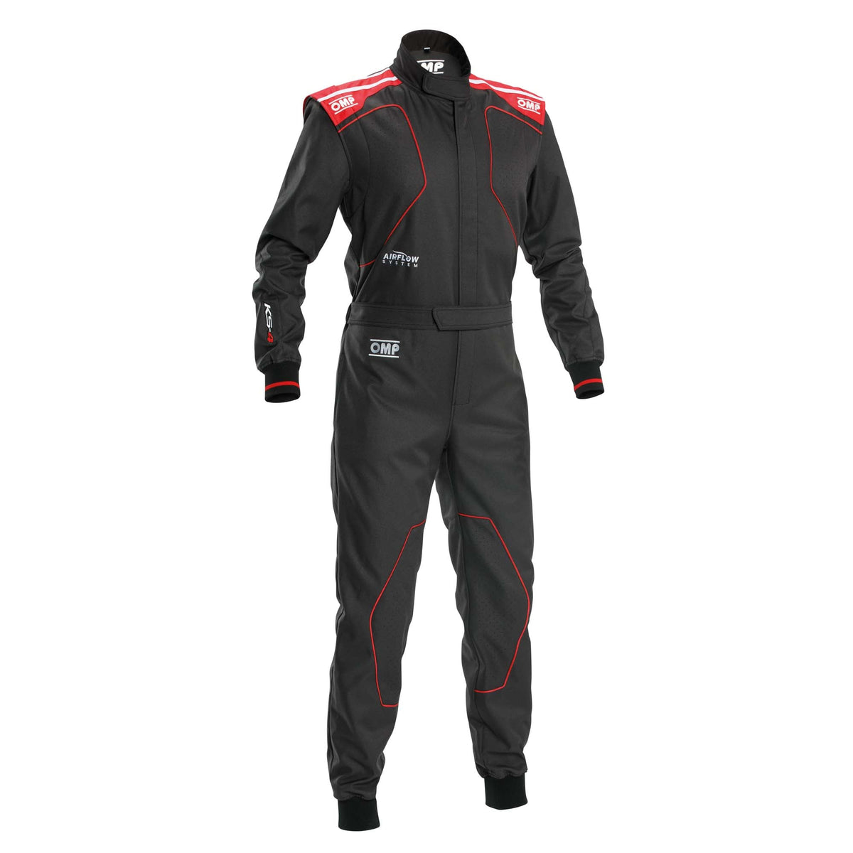 OMP KS-4 v2 karting suit in Black/Red with breathable mesh lining