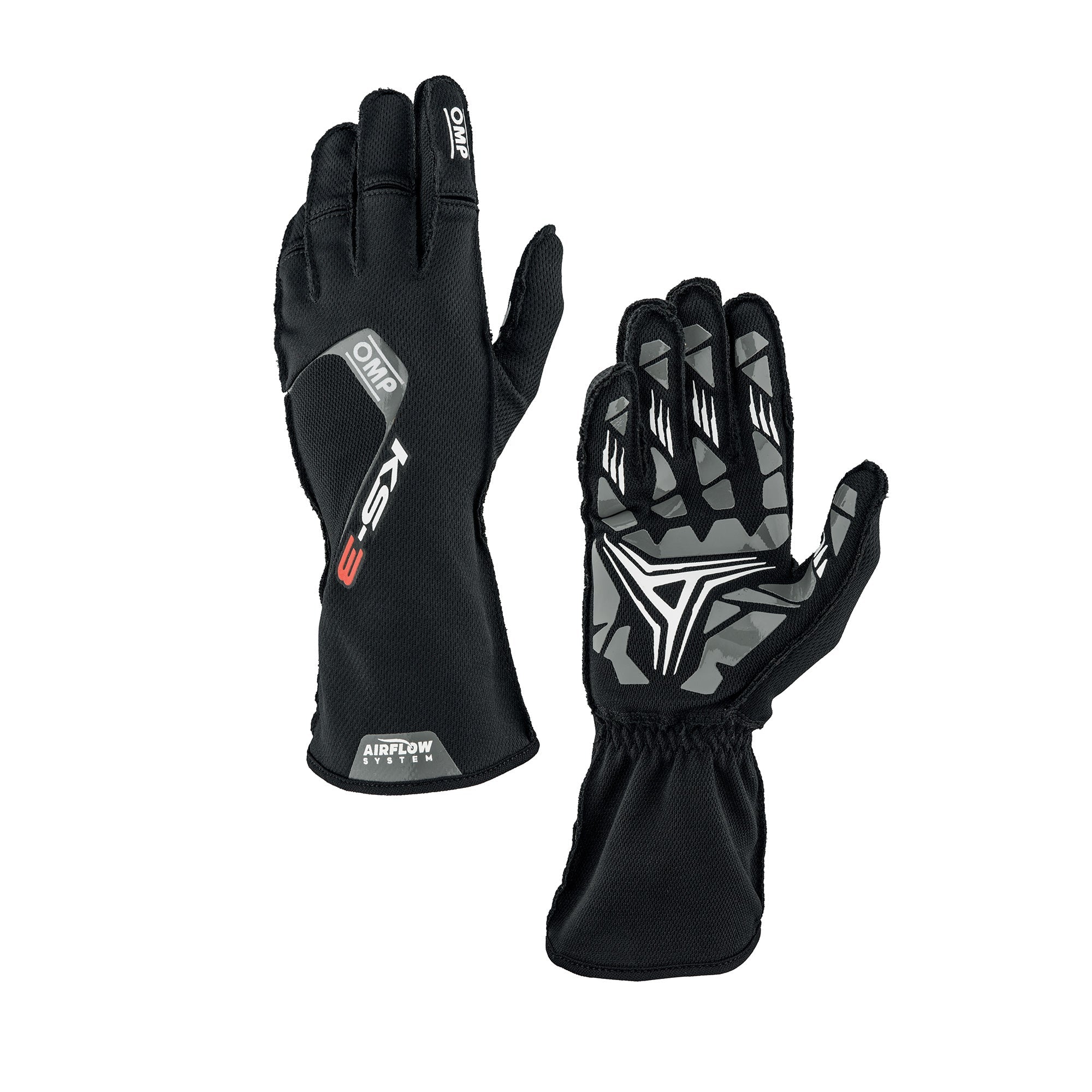 OMP KS-3 v2 karting gloves in black with AirFlow textured palm and pre-shaped fingers