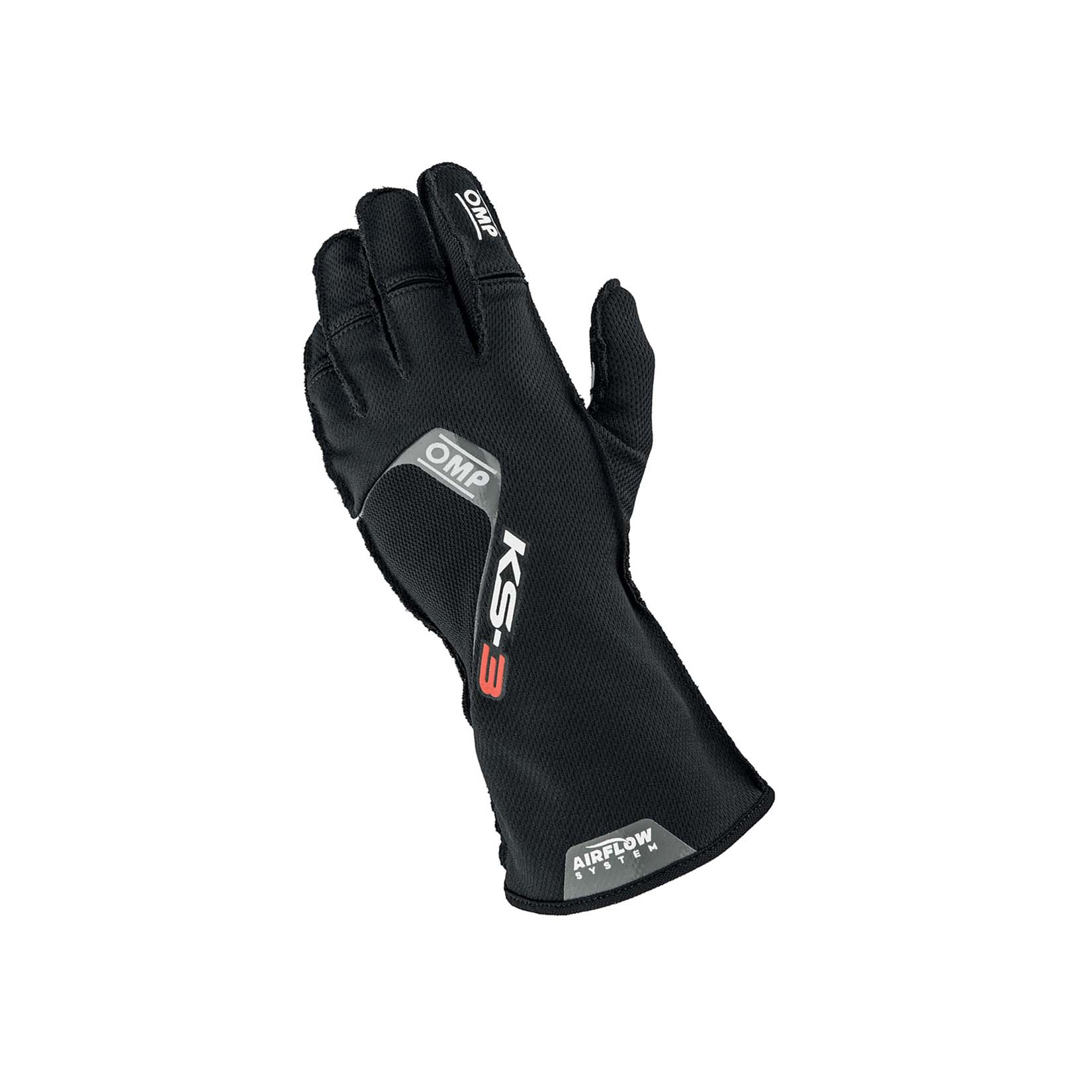 OMP KS-3 v2 youth karting gloves in black with AirFlow textured palm and pre-shaped fingers