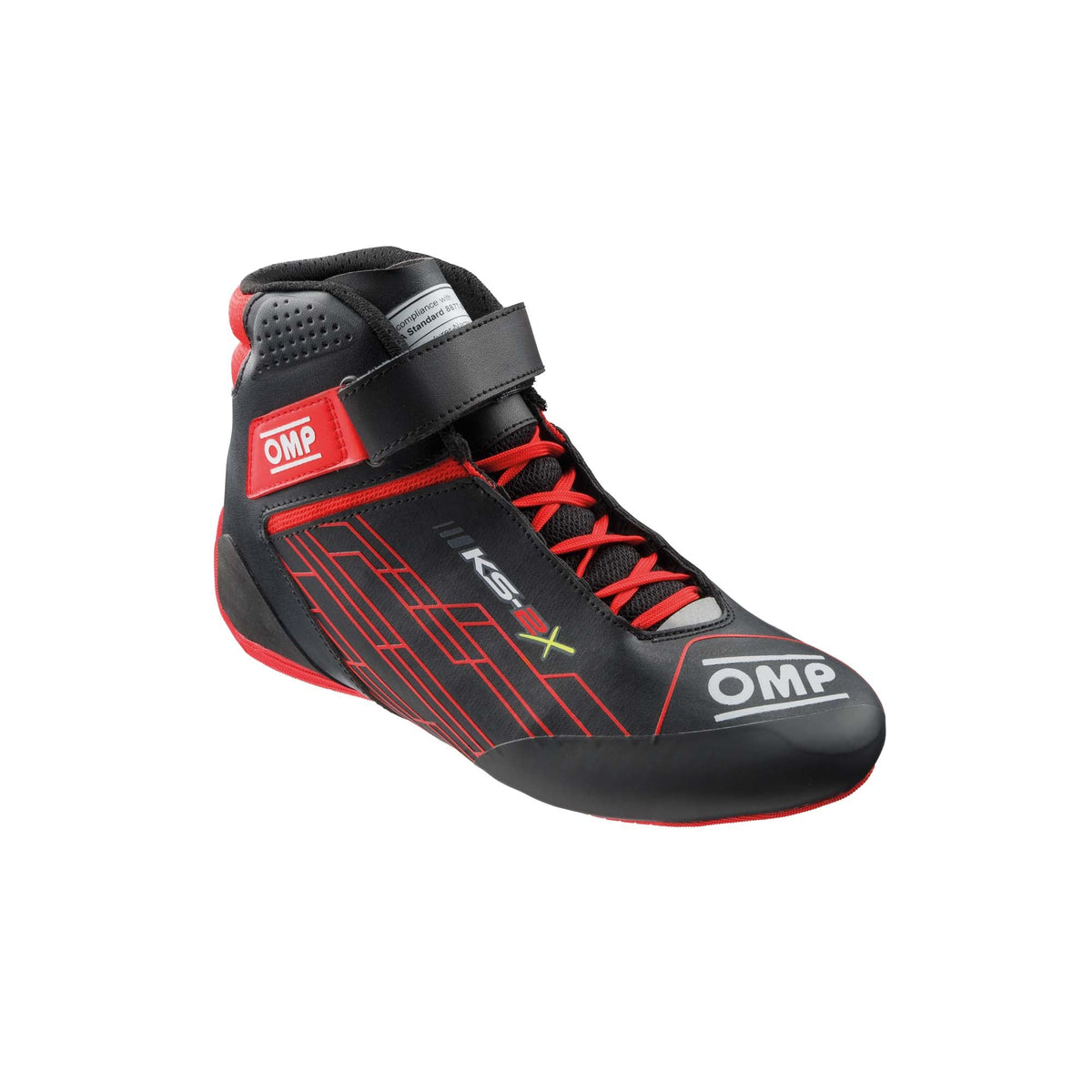 OMP KS-2X FIA 8877-2022 youth karting shoes in Black/Red with slim-fit collar