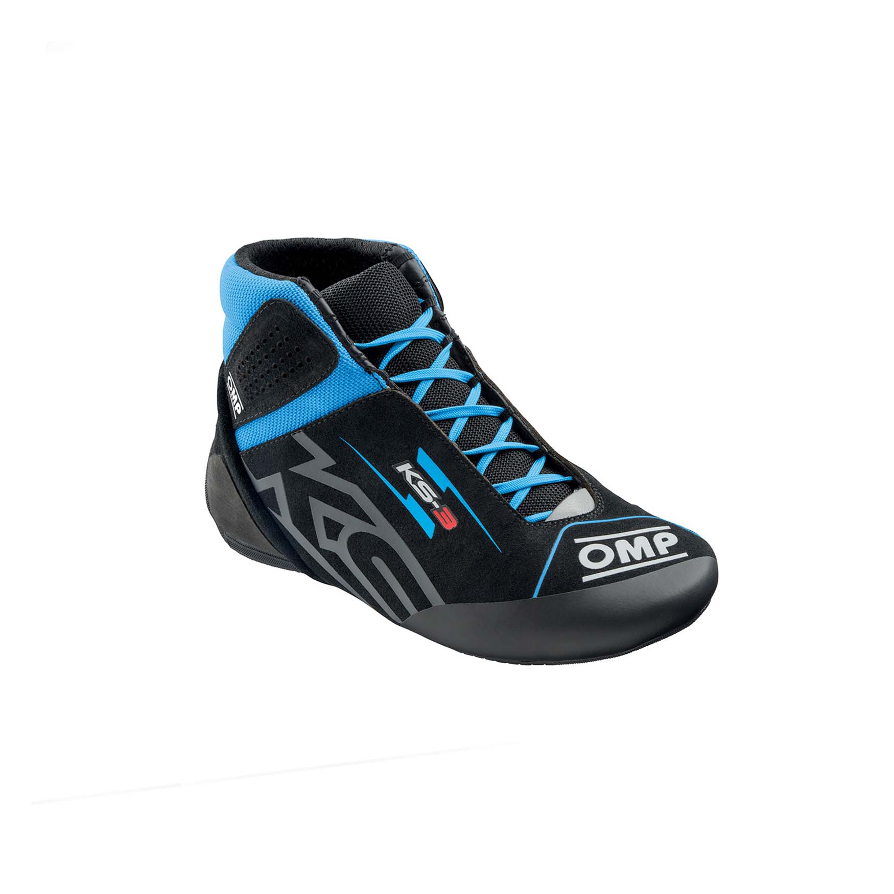 OMP KS-3 youth karting shoes in black suede with cyan accents and two-tone kart-specific outsole