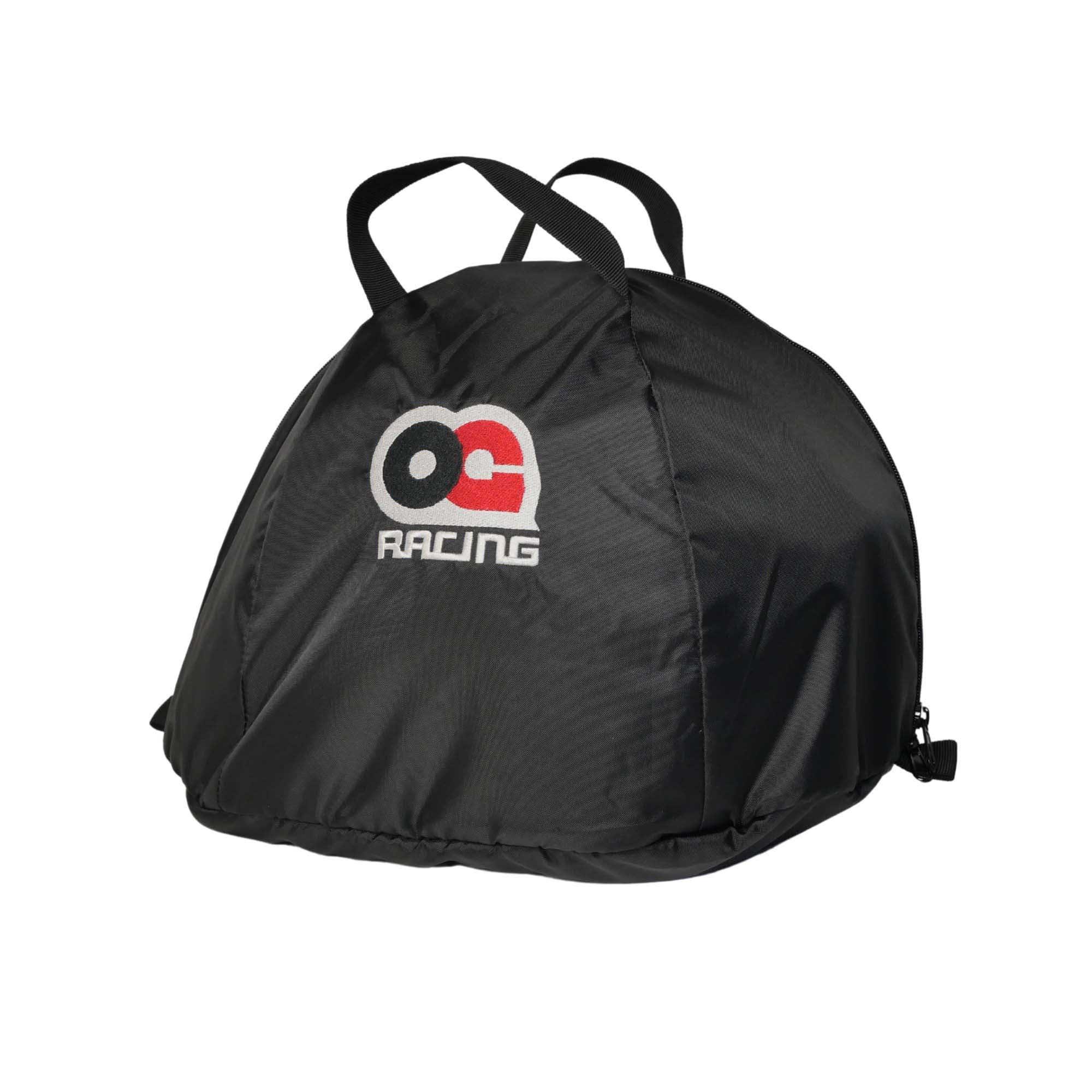 OG Racing Helmet Bag in black nylon with soft fleece lining, shown closed with carry handles, designed to fit full-face and open-face racing helmets.