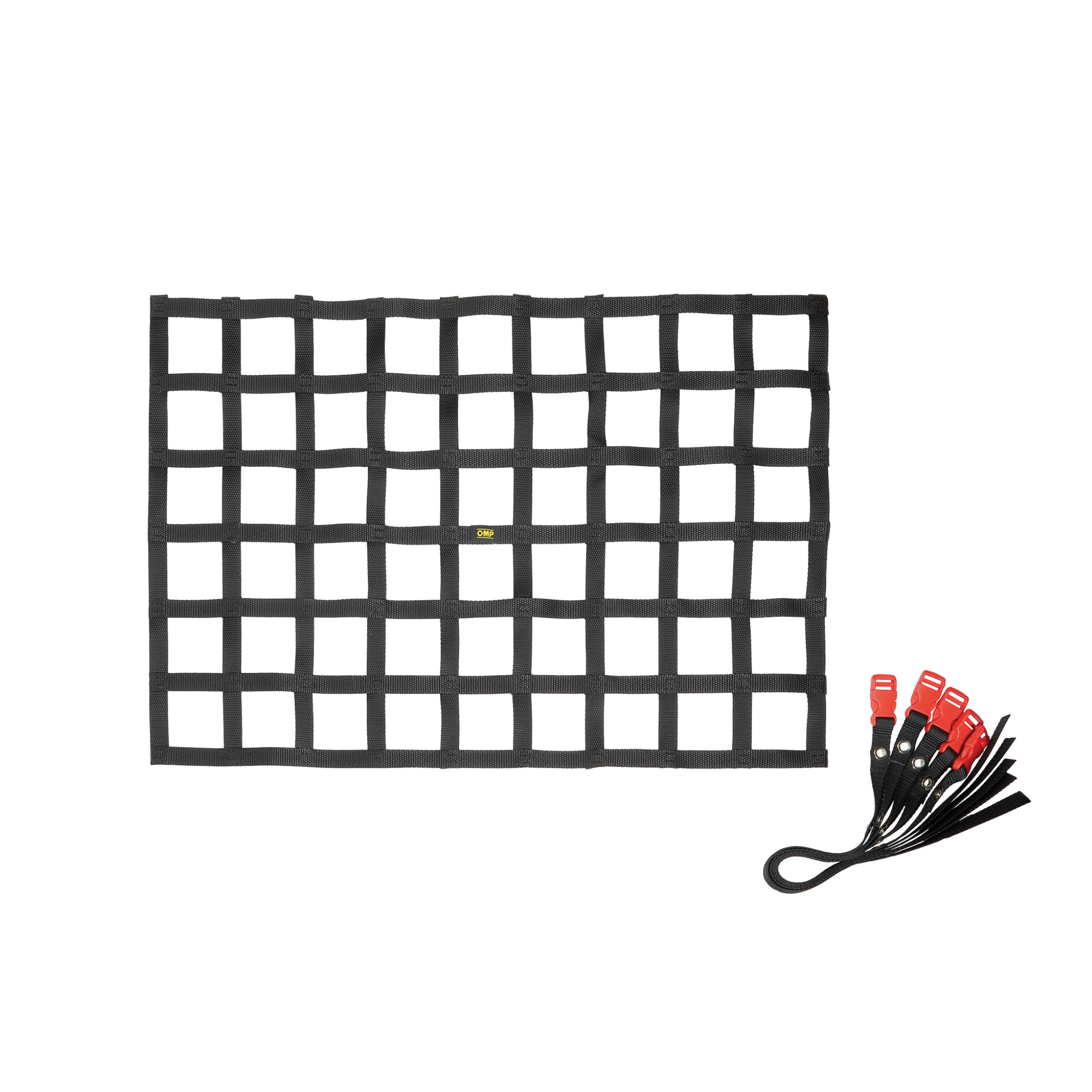 OMP Racing Nylon Window Safety Net (50×70 cm) in black with Velcro straps, designed for motorsport use.