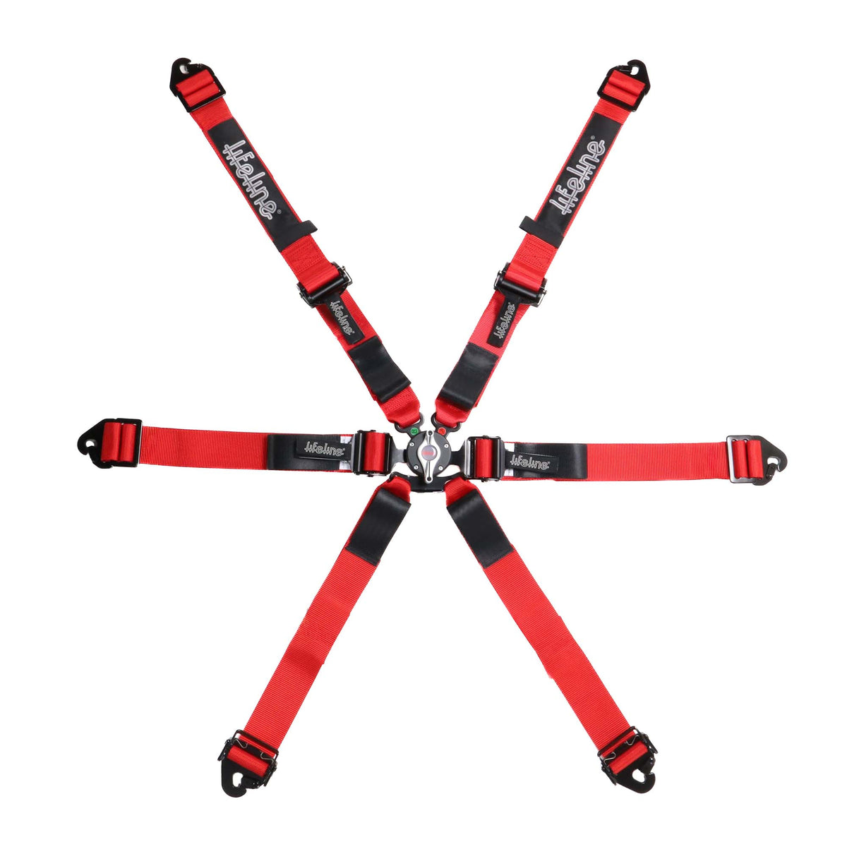 Lifeline Copse Apex 6-point FIA 8853-2016 racing harness in red with pull-down lap adjuster, quick-adjust anti-submarine belts, and camlock buckle