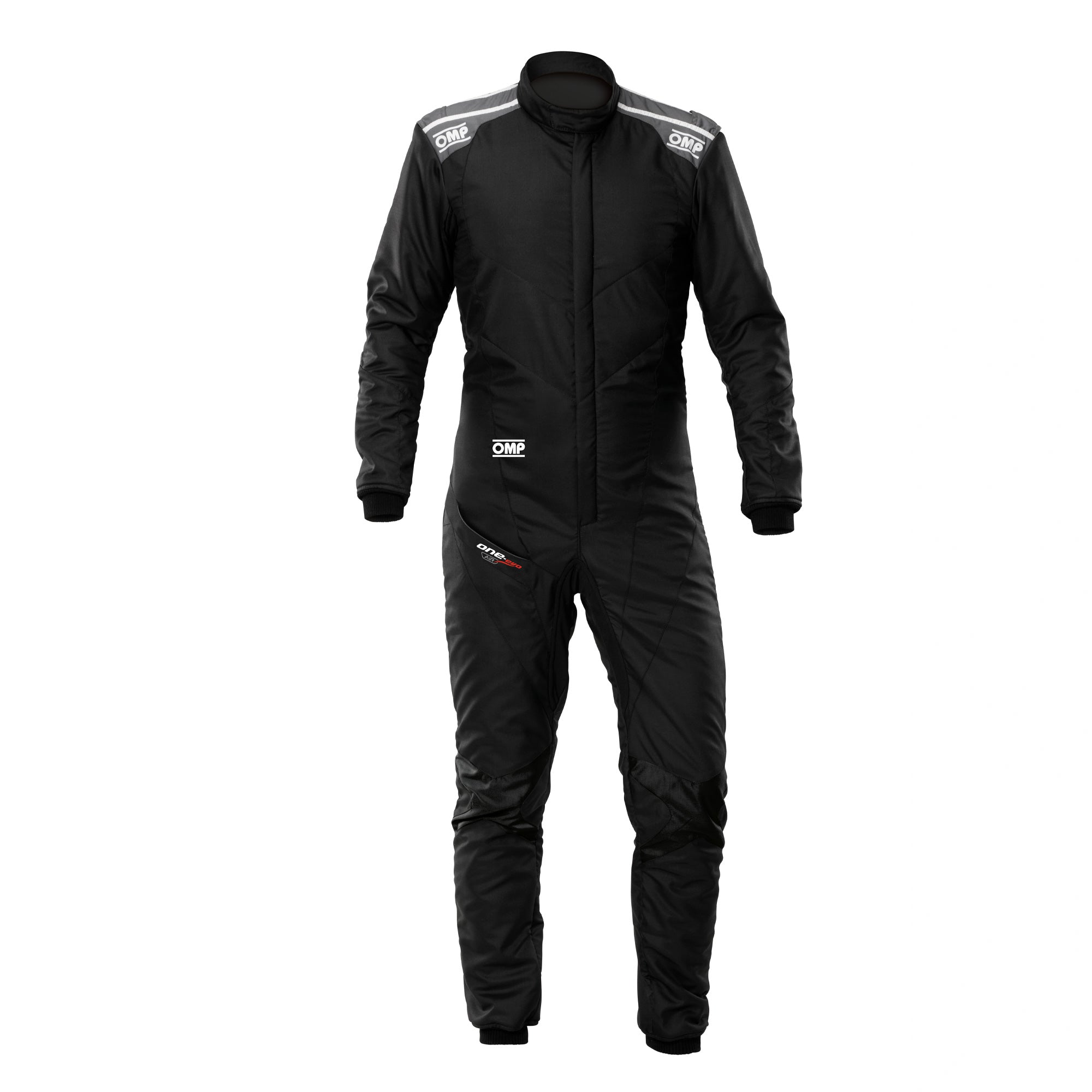 OMP One Evo Air FIA 8856-2018 fire-resistant racing suit in black and medium grey
