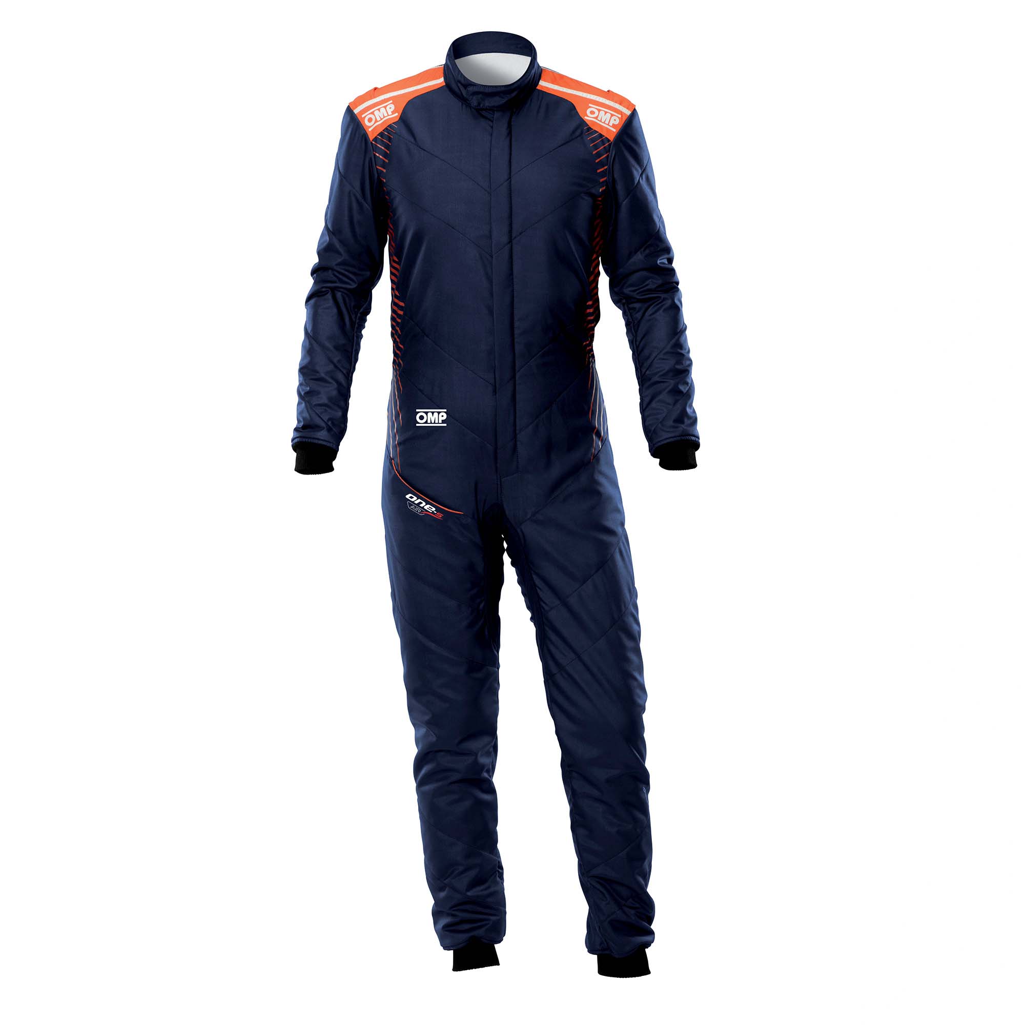 OMP One-S Air FIA 8856-2018 fire-resistant racing suit in navy blue and fluo orange