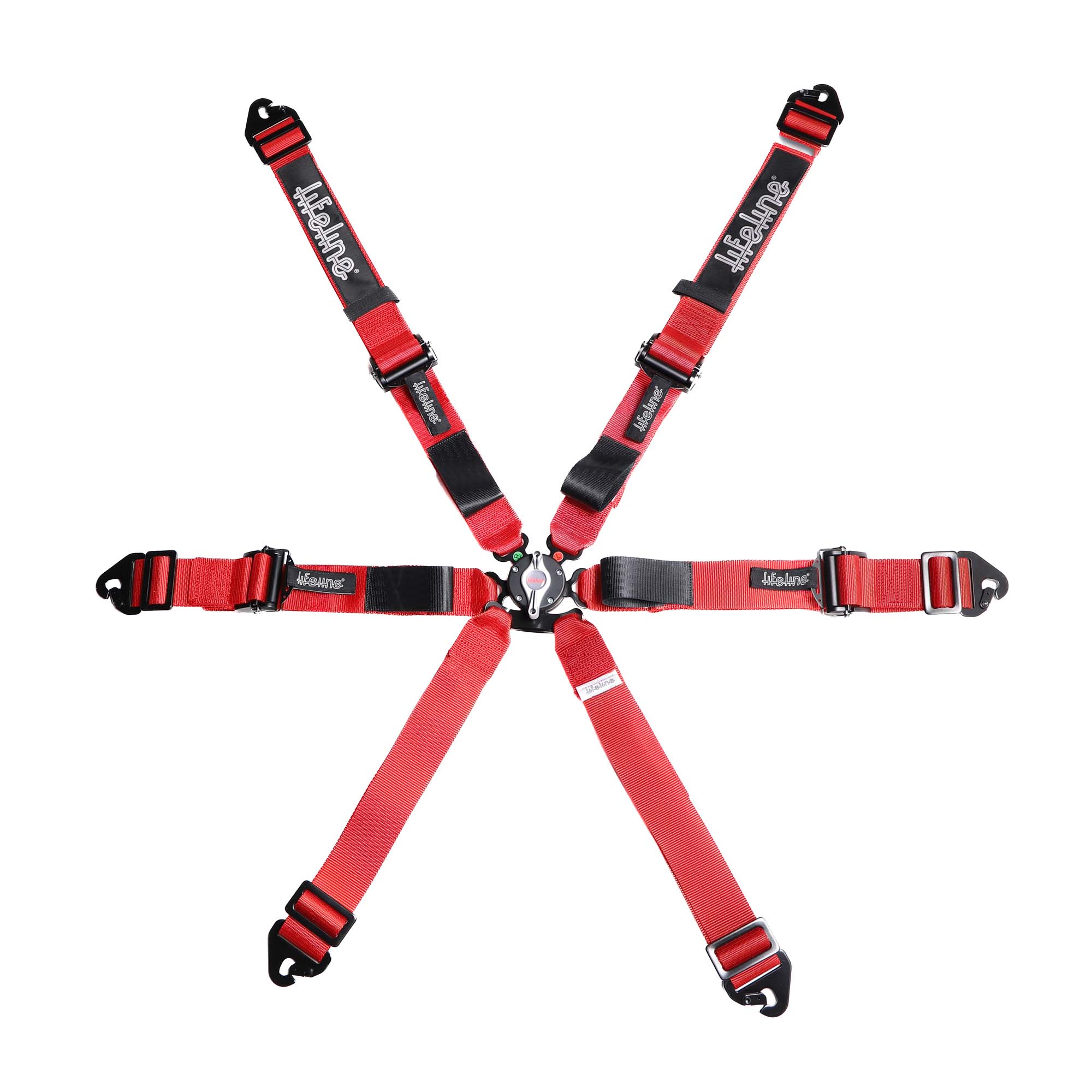Lifeline Woodcote 6-point FIA 8853-2016 racing harness in red with pull-up lap adjuster, adjustable anti-submarine belts, and camlock buckle