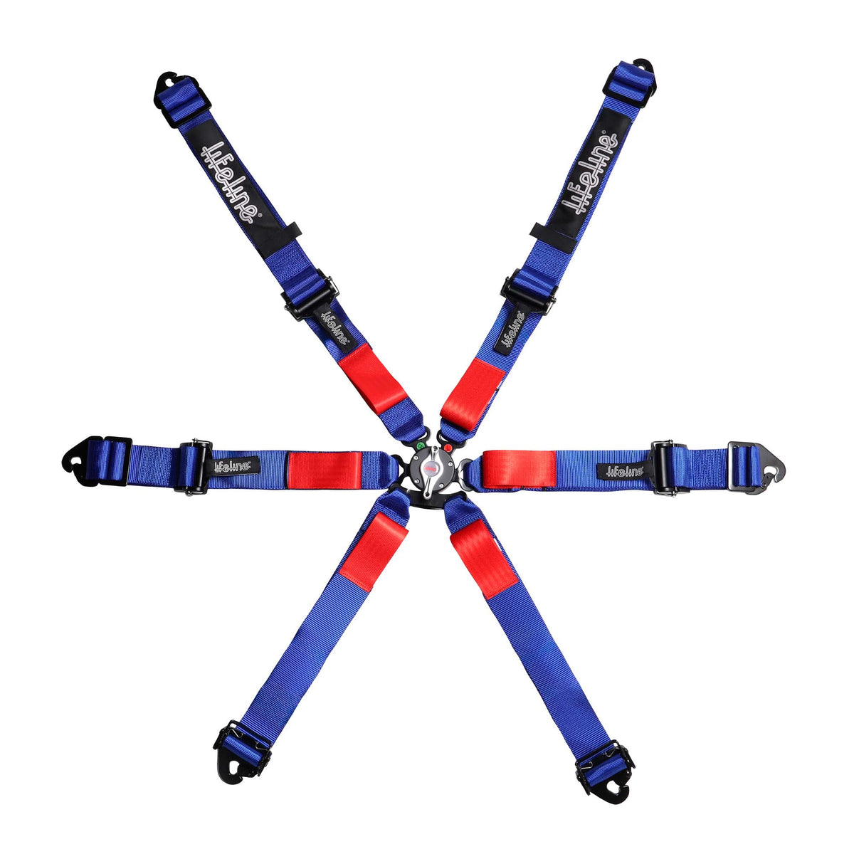 Lifeline Woodcote Apex 6-point FIA 8853-2016 racing harness in blue with pull-up lap adjuster, quick-adjust anti-submarine belts, and camlock buckle