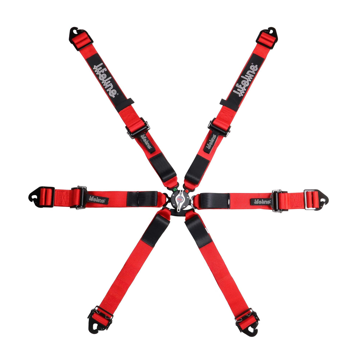 Lifeline Woodcote Apex 6-point FIA 8853-2016 racing harness in red with pull-up lap adjuster, quick-adjust anti-submarine belts, and camlock buckle