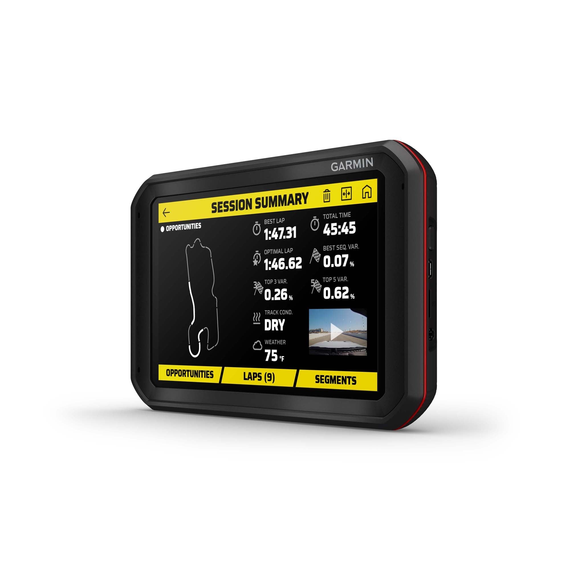 Display session summary Garmin Catalyst driving performance optimizer with 7-inch touchscreen and remote HD camera
