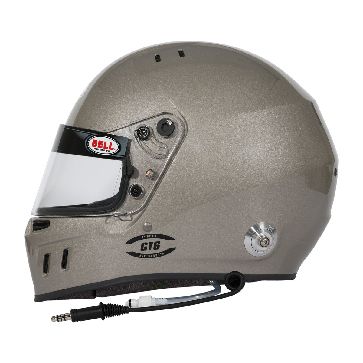 Bell GT6 Pro RD-4C/EC helmet in Titanium, left-side profile showing shell contour and ZeroNoise speaker housing