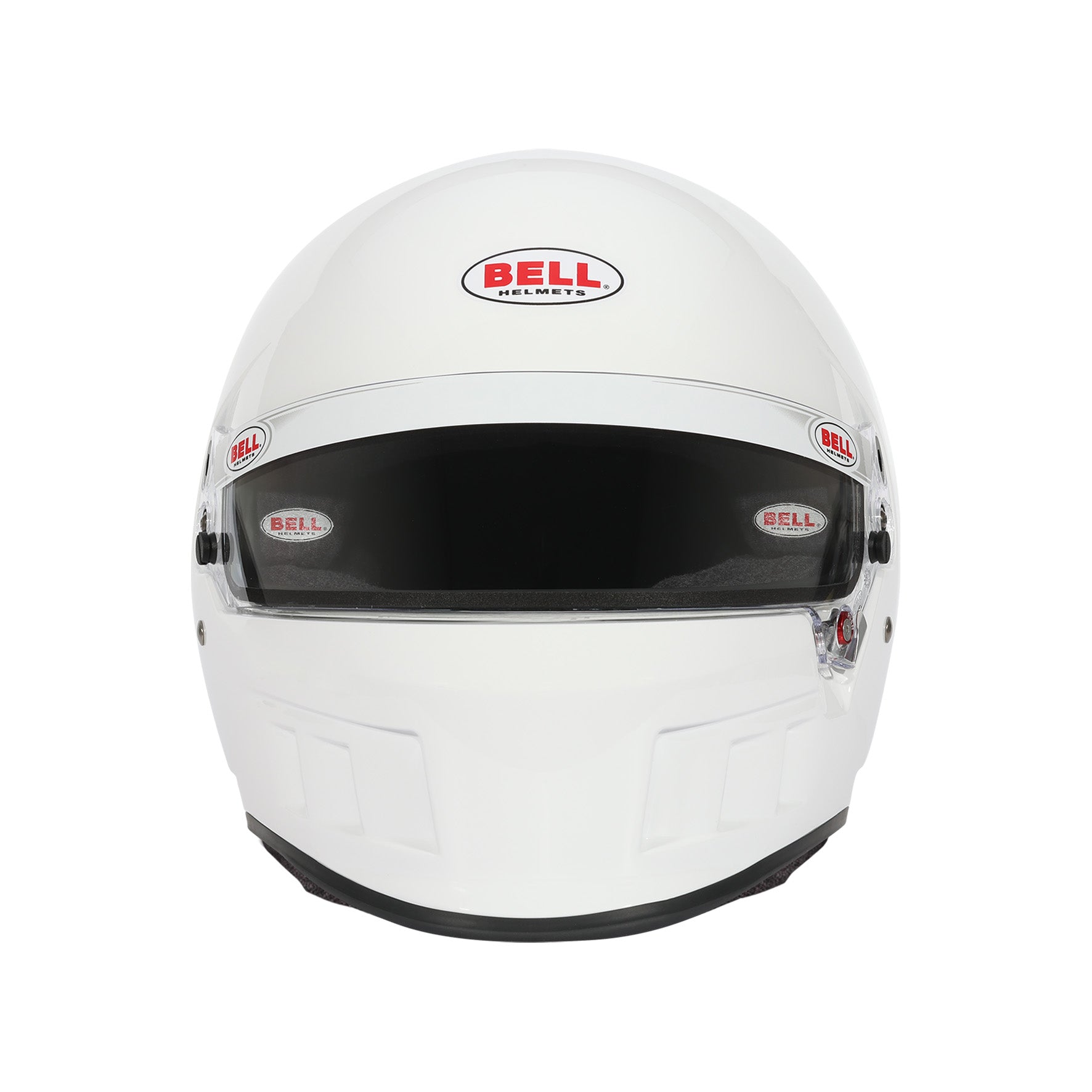 Bell XD7 Pro SA2025 racing helmet front view — DSAF anti-fog shield, upper and lower chin bar air intakes, and synthetic rubber gasket seal in white