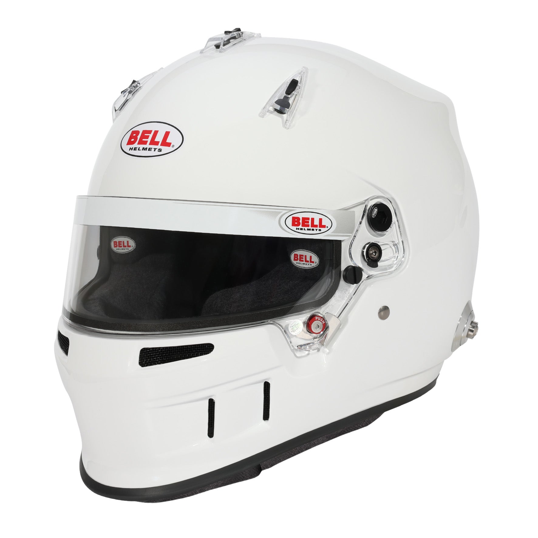 Bell XR7 Pro SA2025 circuit racing helmet in white with DSAF anti-fog shield, composite shell, and direct-flow chin bar ventilation — evolved from the GP3
