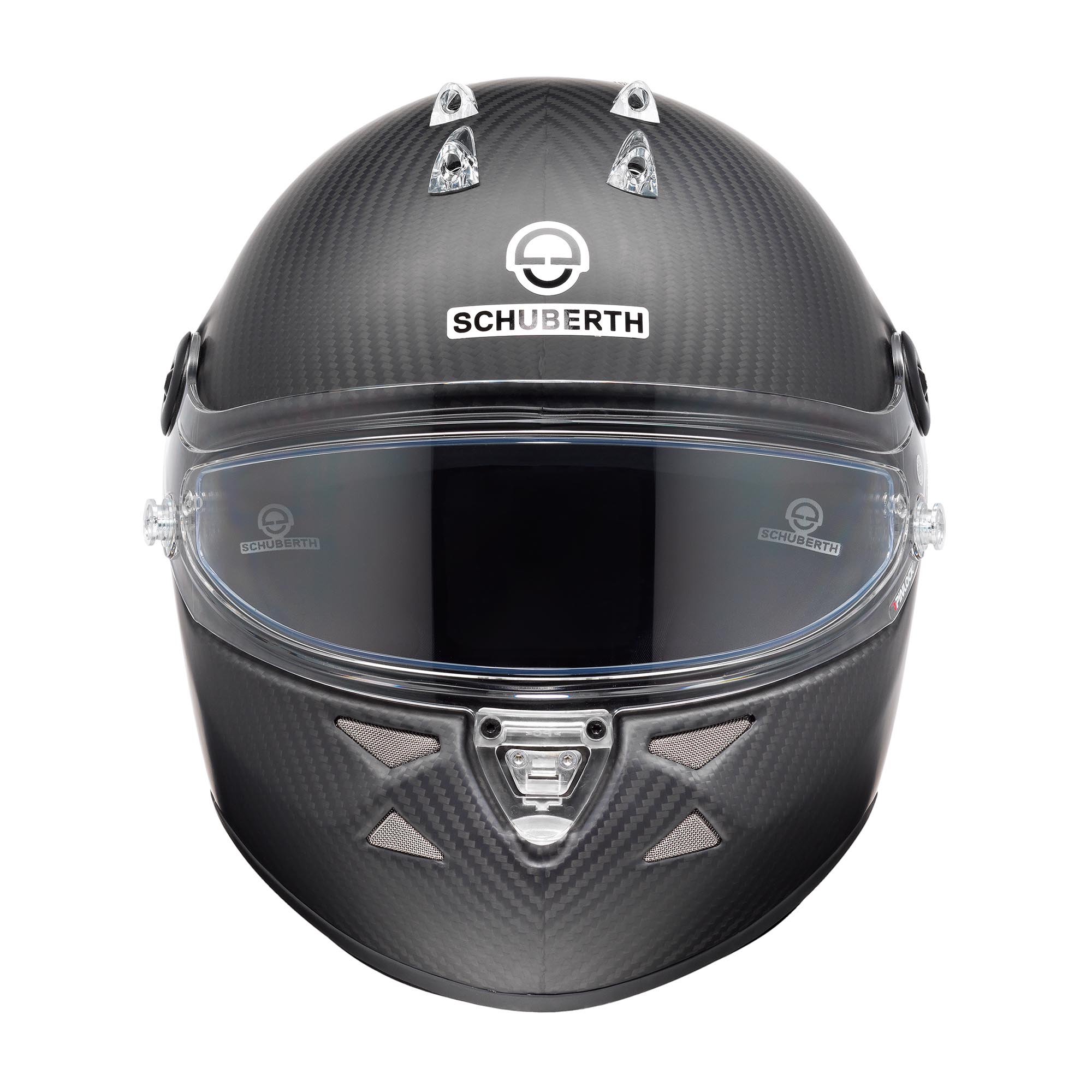 Schuberth SK1 Carbon youth karting helmet in matte carbon finish, featuring hand-laid autoclave-cured carbon shell, top air scoops, and Pinlock 120 visor system.