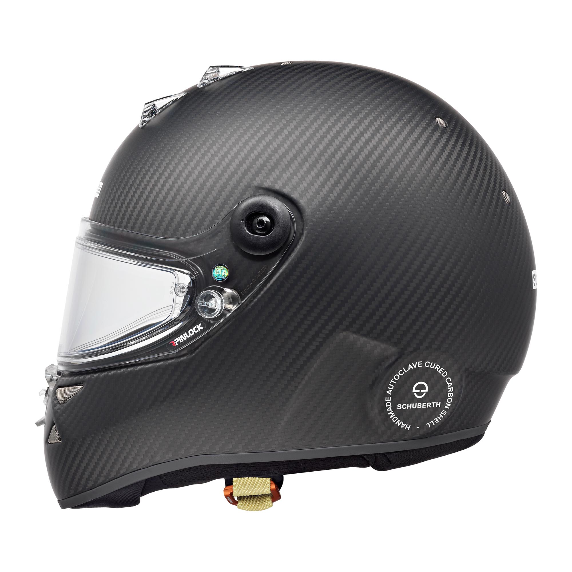 Schuberth SK1 Carbon youth karting helmet in matte carbon finish, featuring hand-laid autoclave-cured carbon shell, top air scoops, and Pinlock 120 visor system.