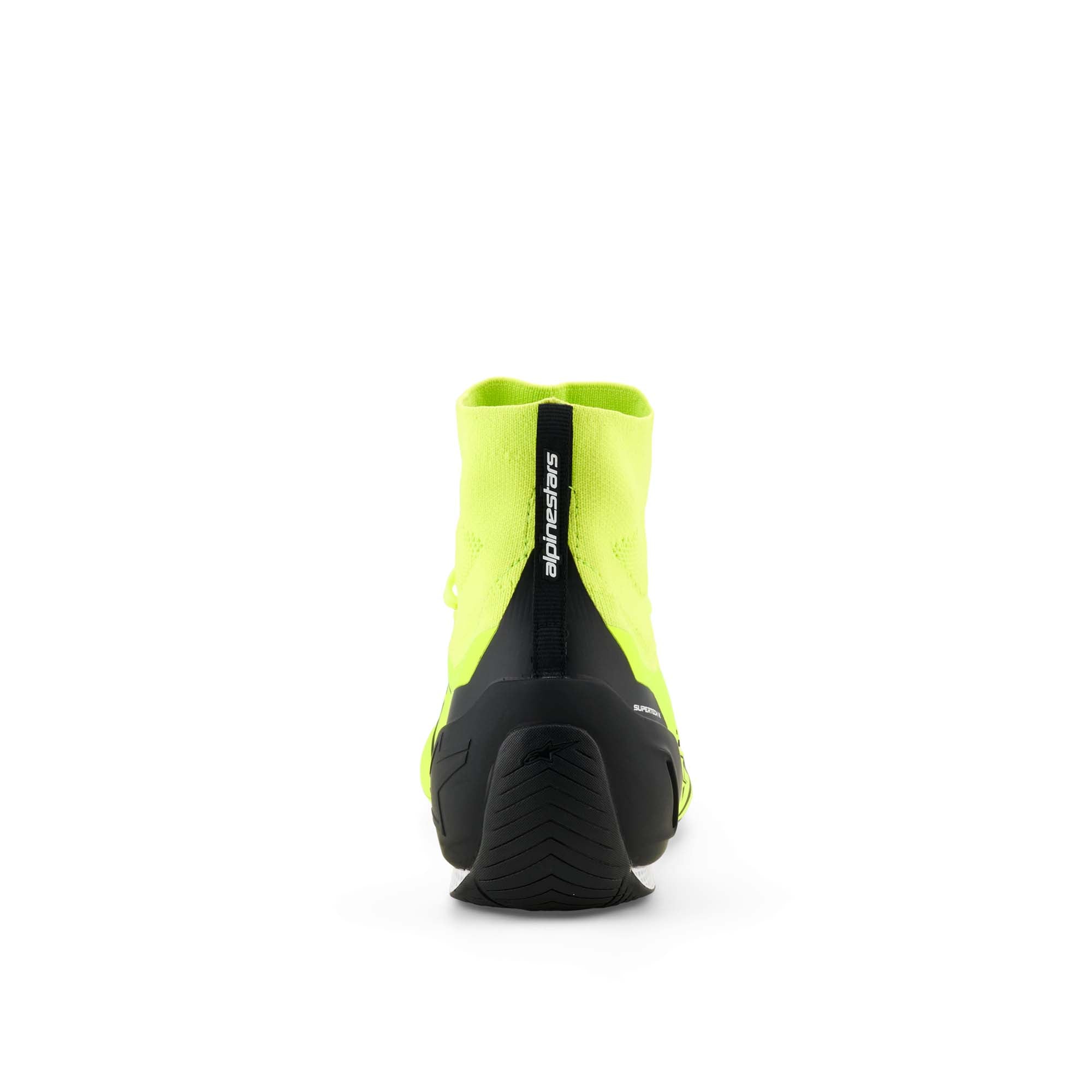 Alpinestars Supertech K FIA Karting Shoes in Yellow Fluo/Black/White, heel view showing injected TPU heel counter and rear pull tab for easy entry.