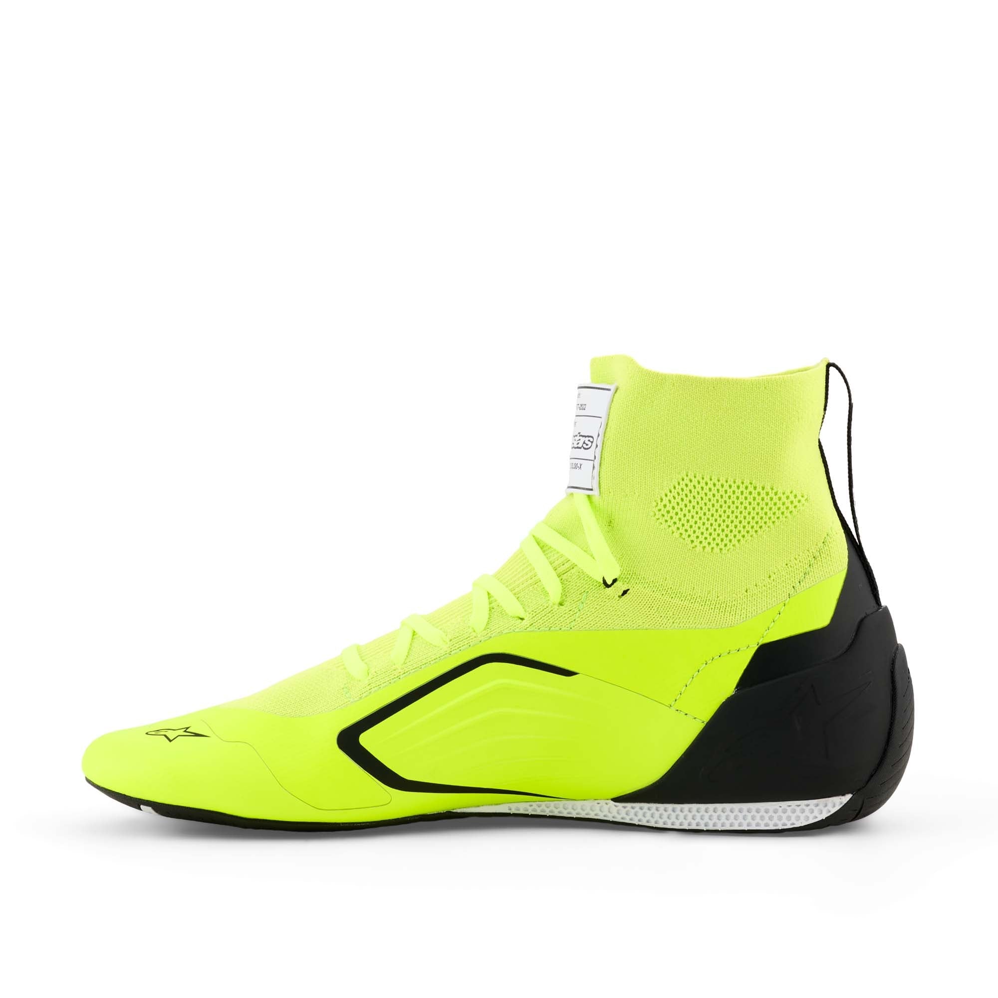 Alpinestars Supertech K FIA Karting Shoes in Yellow Fluo/Black/White, inside view showing memory foam heel padding, stretch tongue zone, and interior construction.
