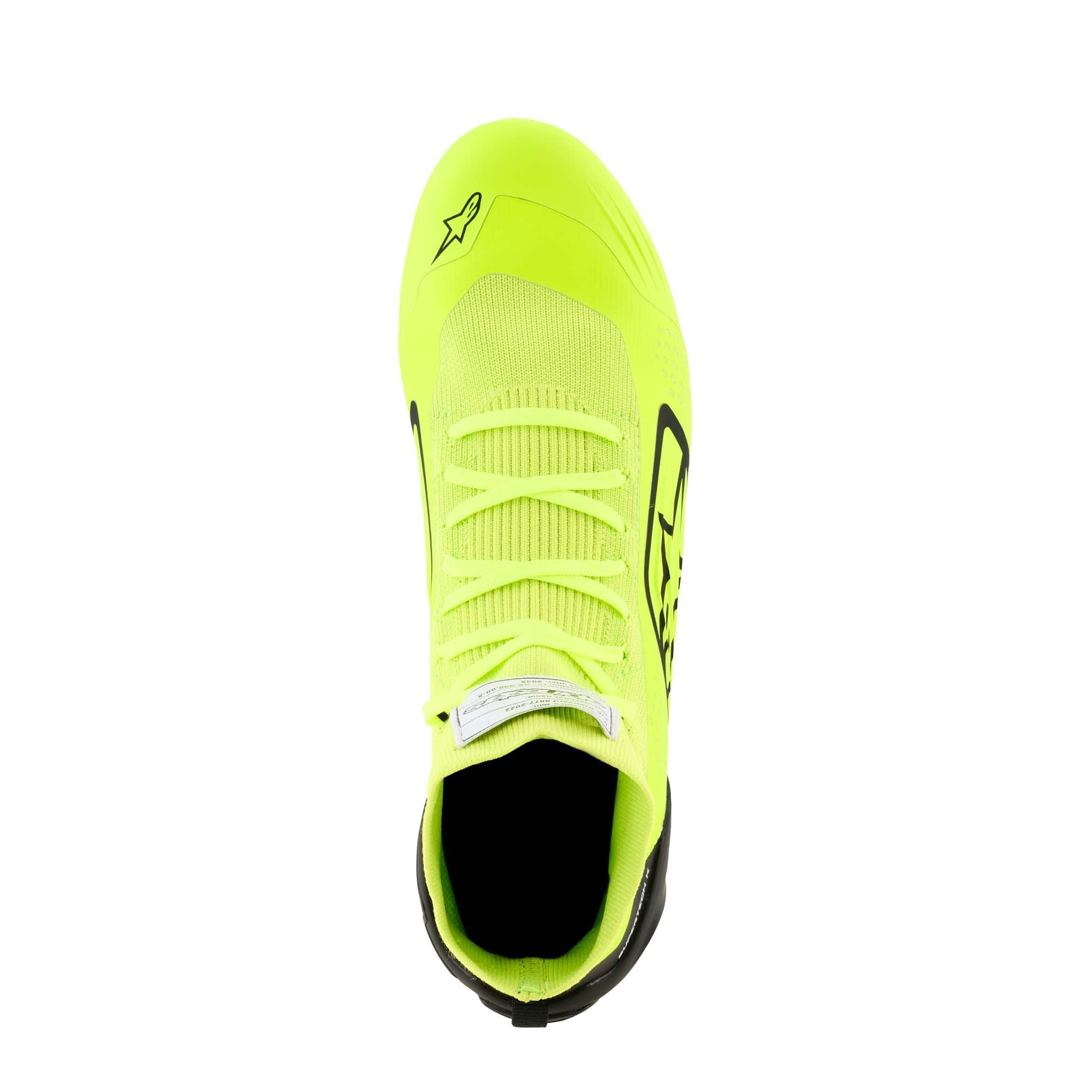 Alpinestars Supertech K FIA Karting Shoes in Yellow Fluo/Black/White, top-down view showing knitted upper, flat lace system, and ankle collar construction.