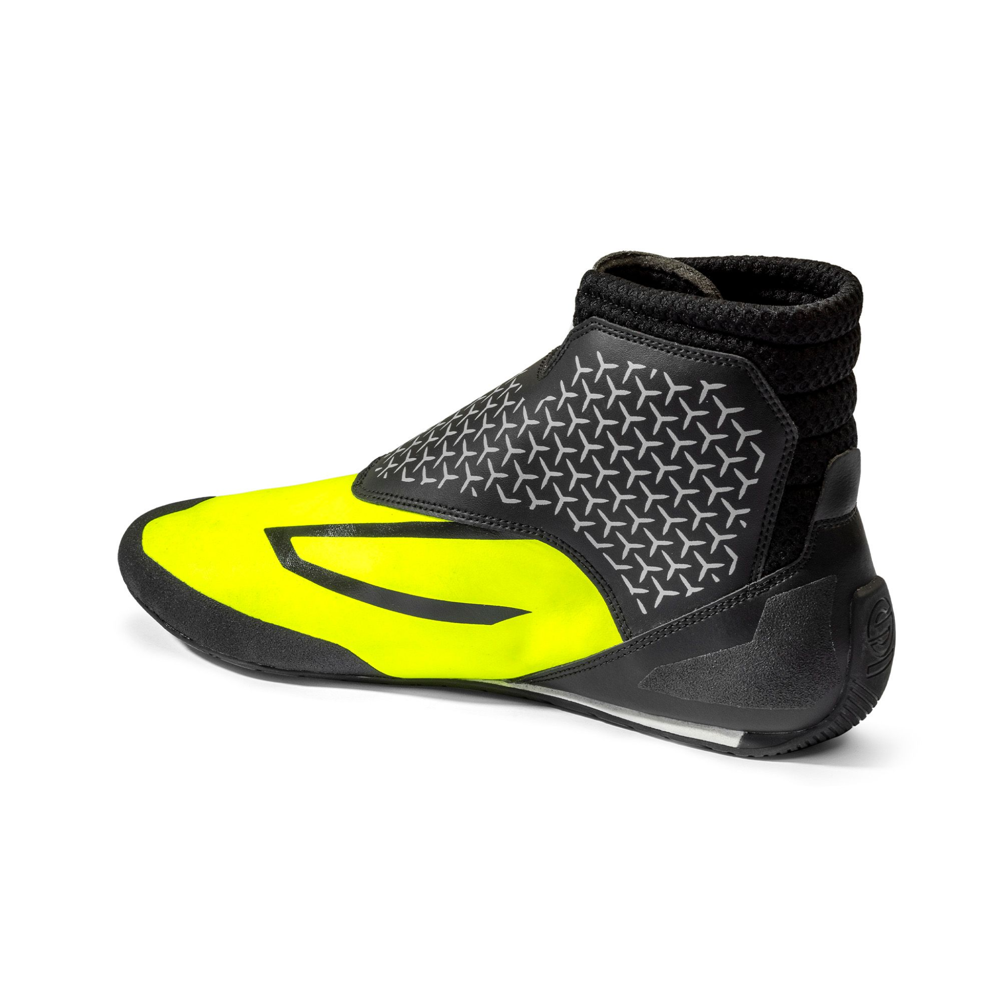 Sparco K-Prime karting shoe inside profile view showing breathable ankle paneling, Achilles stretch panel, and Velcro closure
