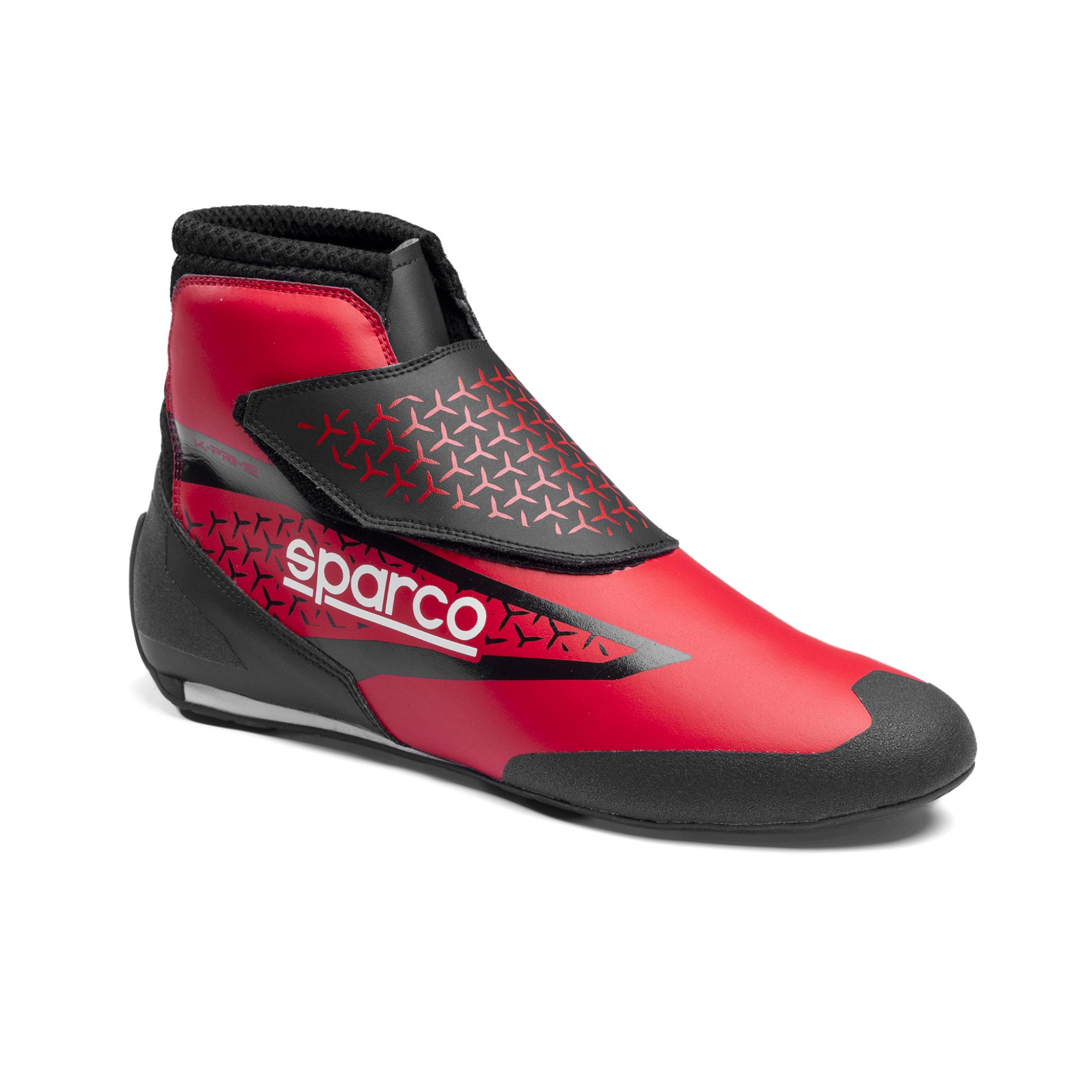 Sparco K-Prime FIA-approved karting shoe in red and black with full Velcro closure and lightweight rubber sole