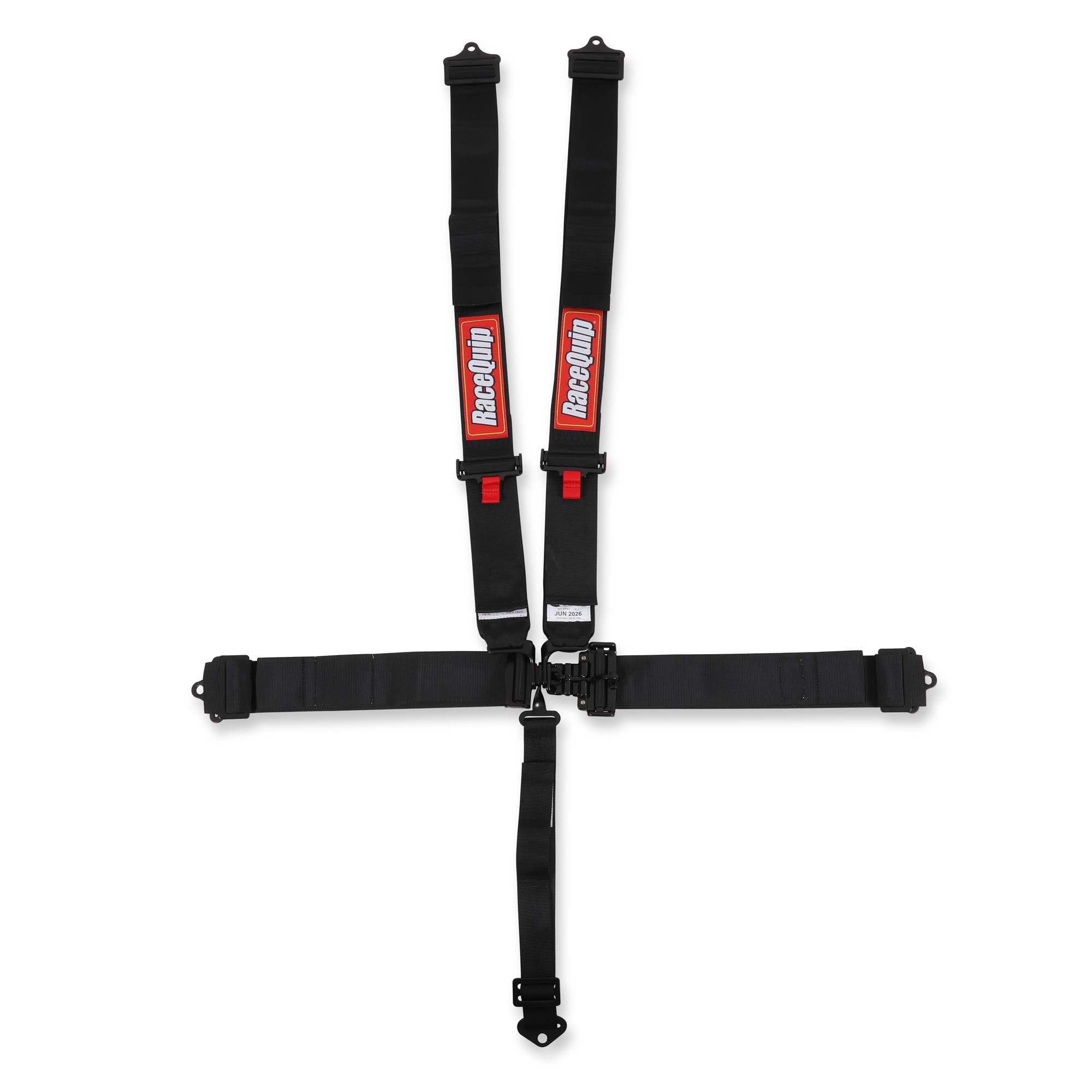 RaceQuip 5-Point Latch & Link Racing Harness - SFI 16.1 in Black, showing the Duckbill latch mechanism, premium 3-inch polyester webbing, and drop-forged steel hardware ends.