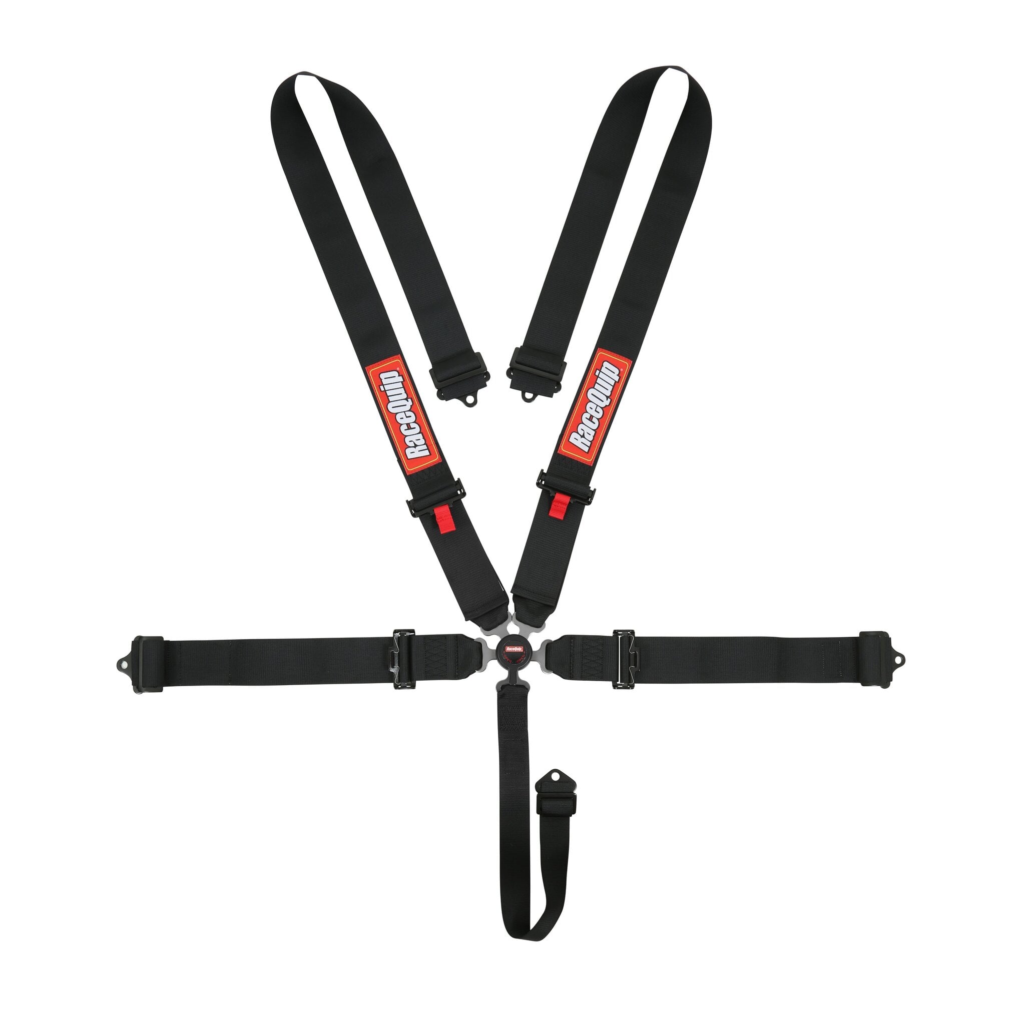 RaceQuip 5-Point Camlock Racing Harness - SFI 16.1 in Black, showing the aluminum alloy cam buckle, premium 3-inch polyester webbing, and drop-forged steel hardware ends.