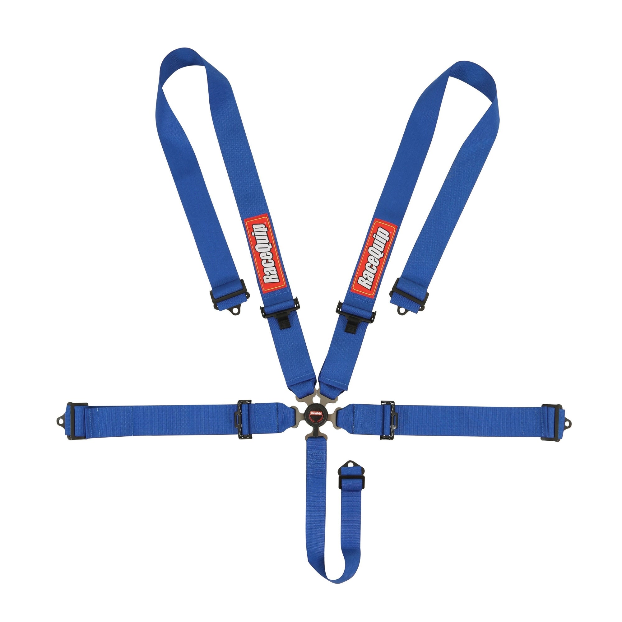 RaceQuip 5-Point Camlock Racing Harness - SFI 16.1 in Blue, showing the aluminum alloy cam buckle, premium 3-inch polyester webbing, and drop-forged steel hardware ends.