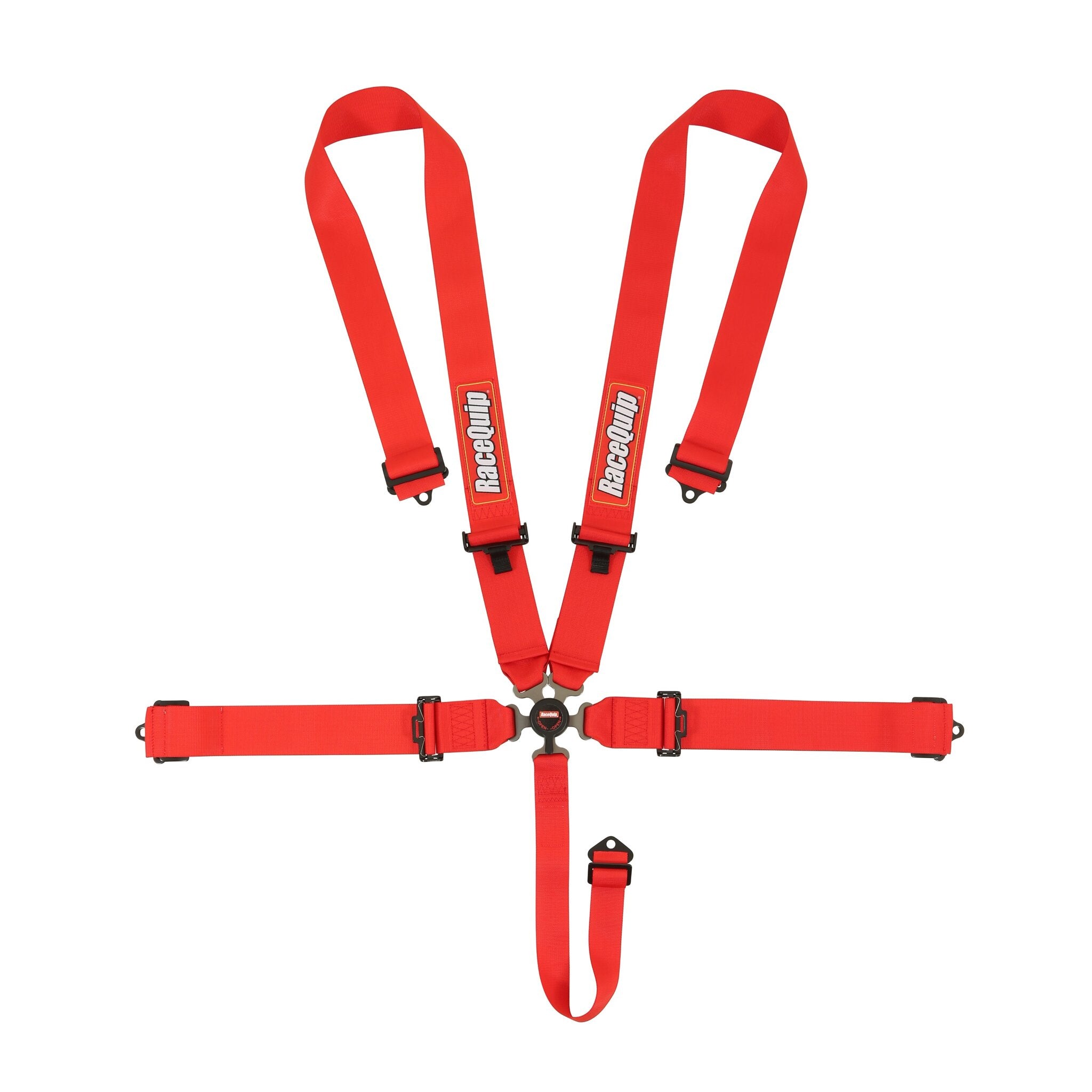 RaceQuip 5-Point Camlock Racing Harness - SFI 16.1 in Red, showing the aluminum alloy cam buckle, premium 3-inch polyester webbing, and drop-forged steel hardware ends.