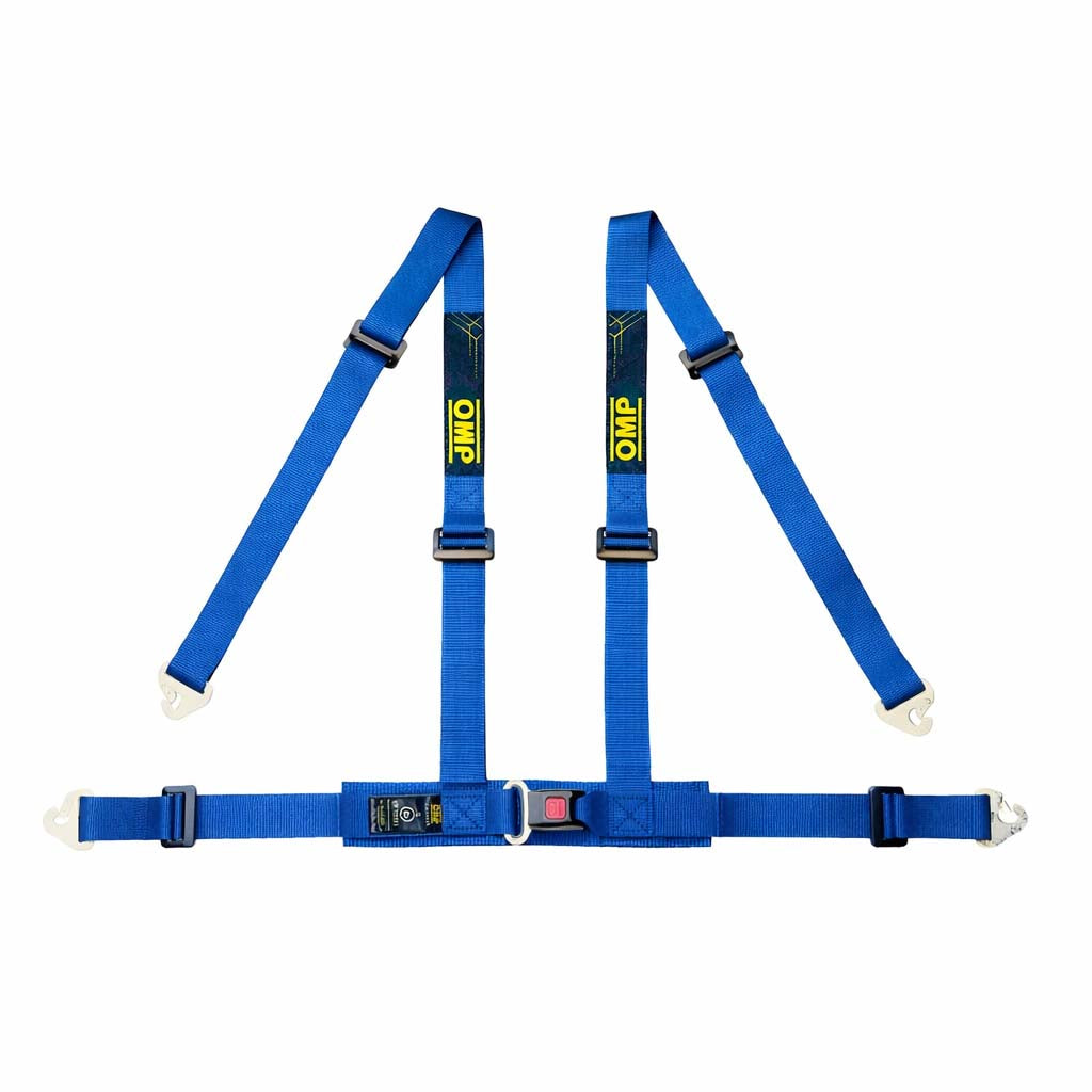 OMP Racing 4M ECE 4-point street harness in blue with camlock buckle and snap-in mounting, ECE R16 approved