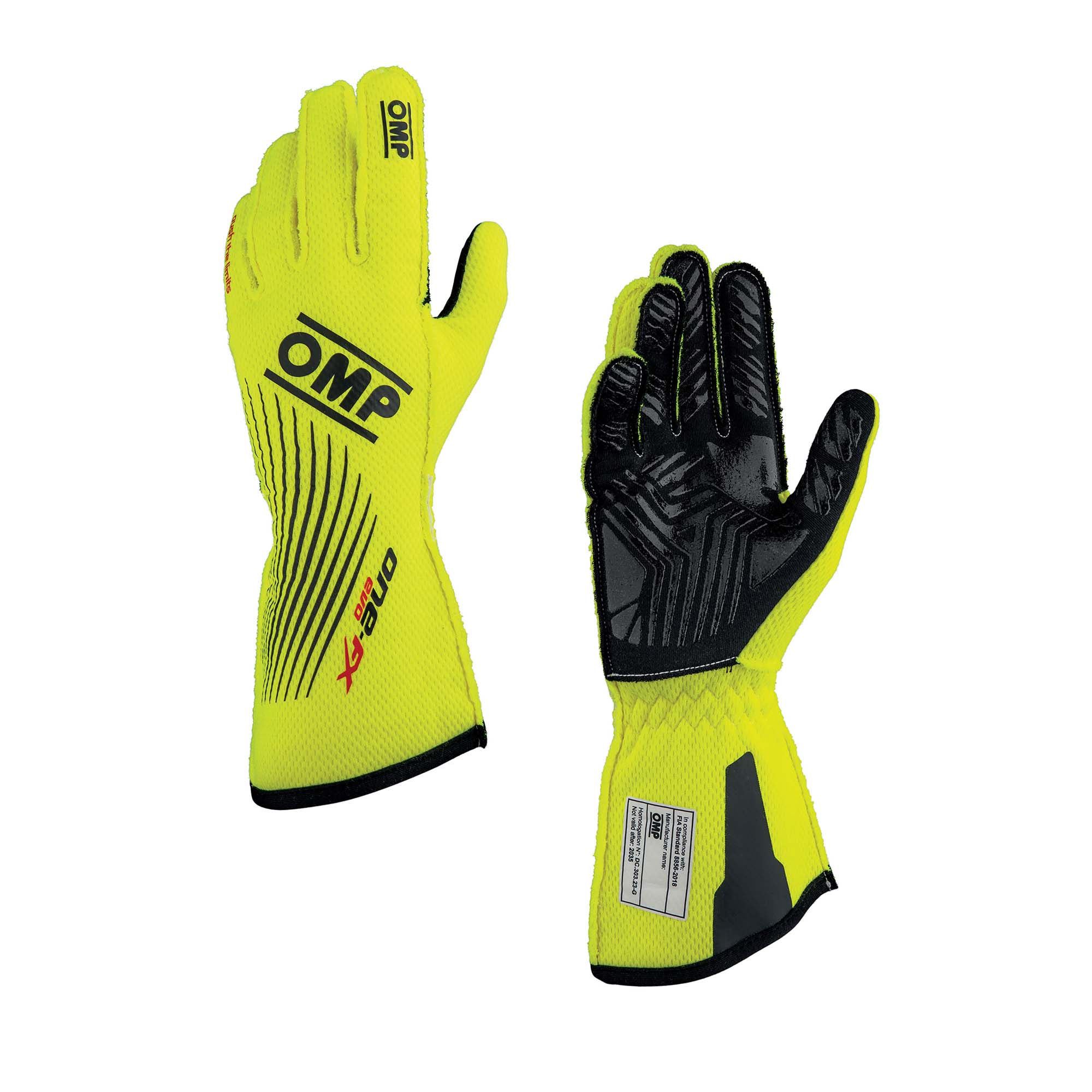 OMP One EVO FX v2 fire-resistant racing gloves in fluo yellow with silicone palm grip zones, FIA 8856-2018 homologated