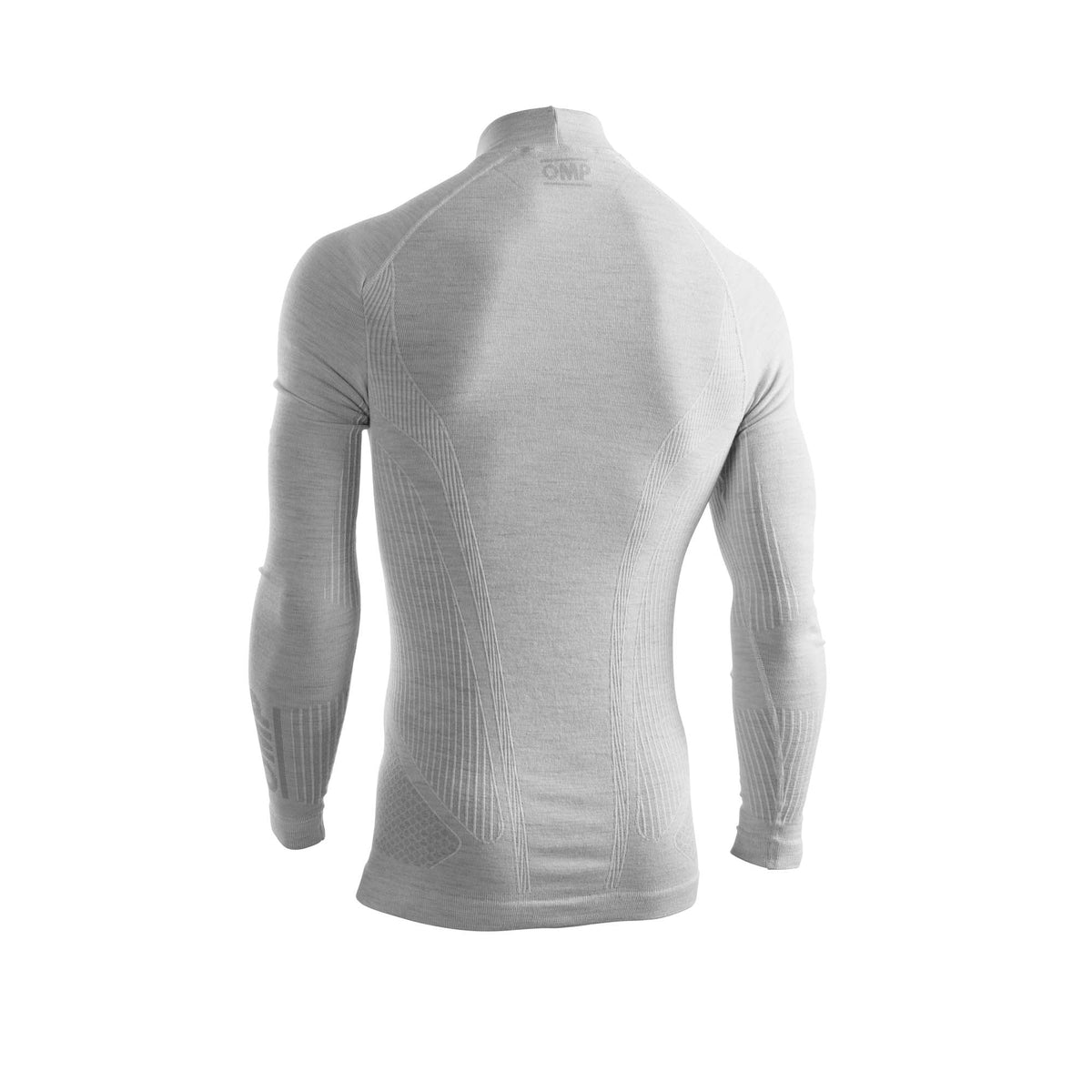 OMP Tecnica Evo v2 FIA 8856-2018 racing undershirt in Silver White, back view showing seamless construction and raglan sleeves