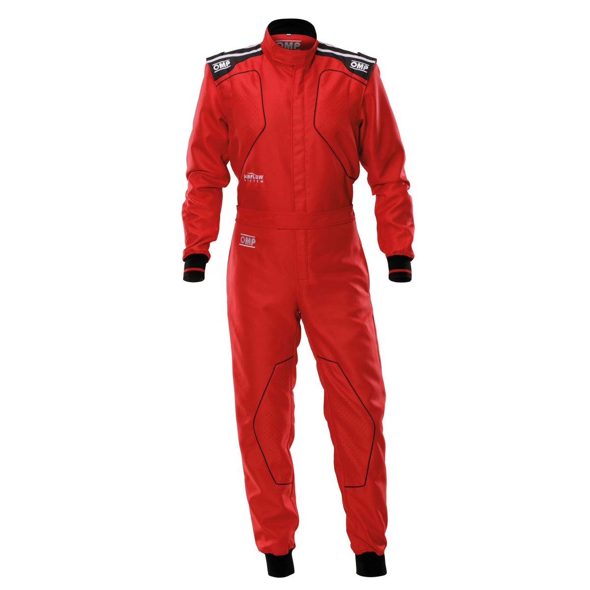 OMP KS-4 v2 karting suit in Red with contrast stripes and wrist cuffs