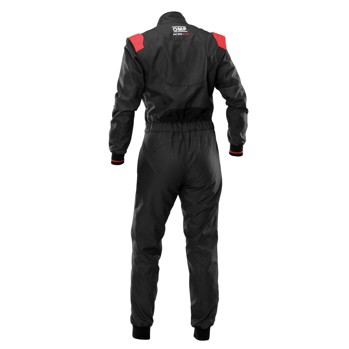 OMP KS-4 v2 karting suit in Black/Red, back view showing contrast stripes and stretch insert