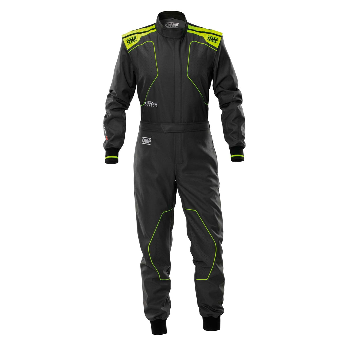 OMP KS-4 v2 karting suit in Anthracite/Fluo Yellow with laser-cut AirFlow venting