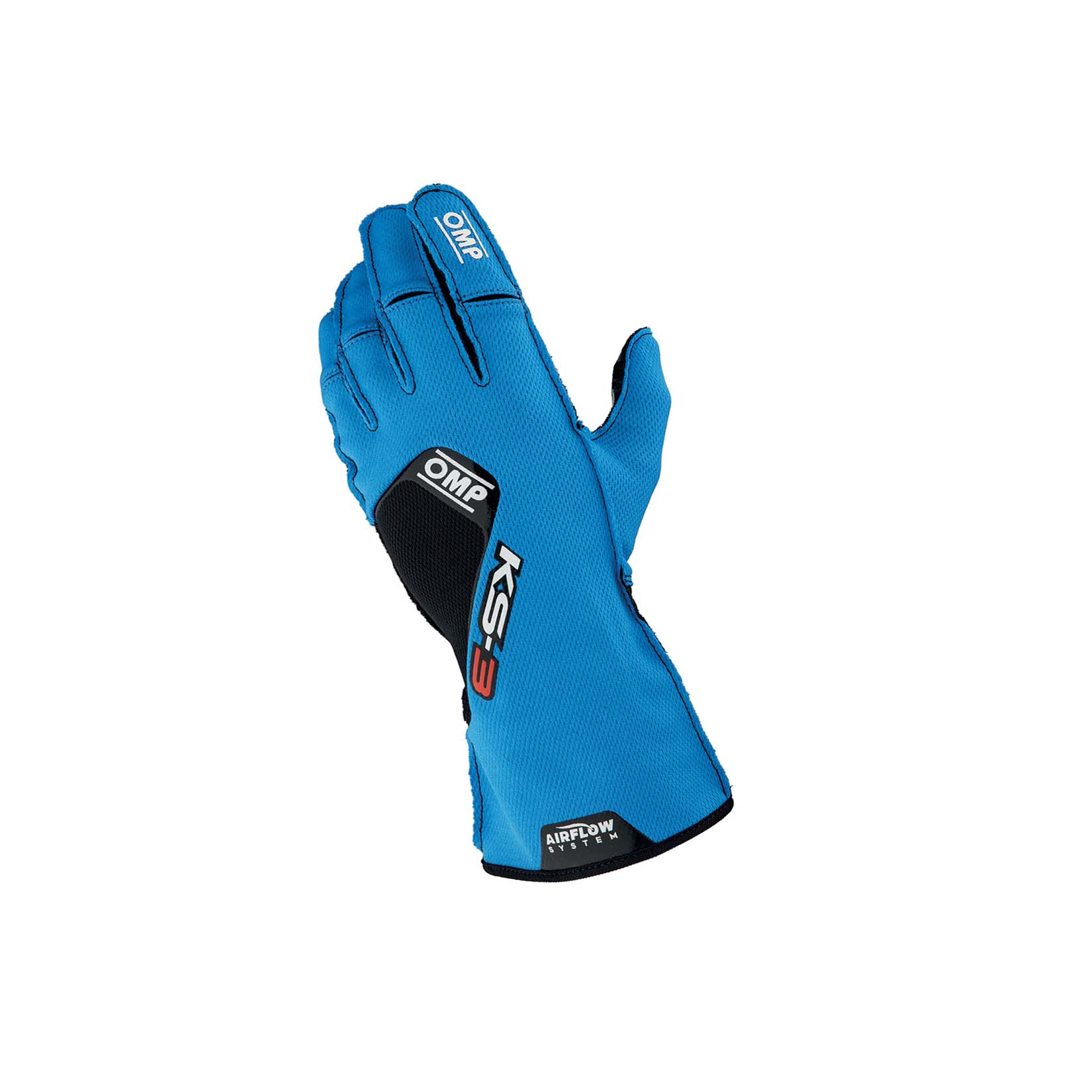 OMP KS-3 v2 youth karting gloves in blue and black with AirFlow textured palm and pre-shaped fingers